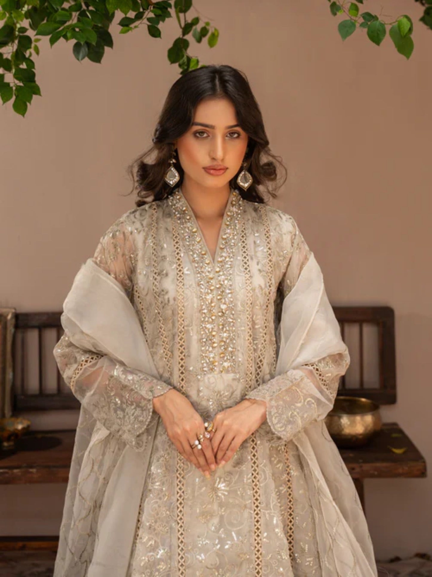 Brown Manahil Arts Organza Embellished Maxi-K-151-Tan Brown