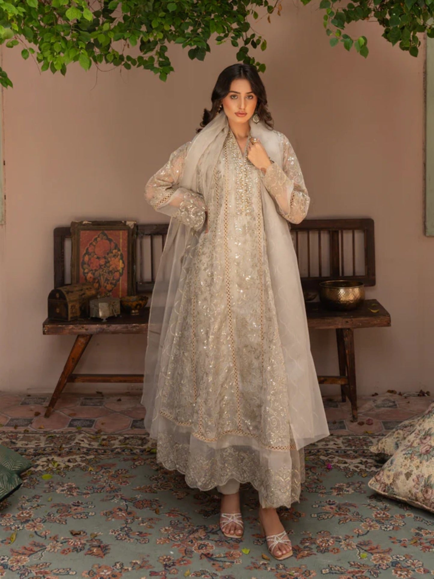 Brown Manahil Arts Organza Embellished Maxi-K-151-Tan Brown