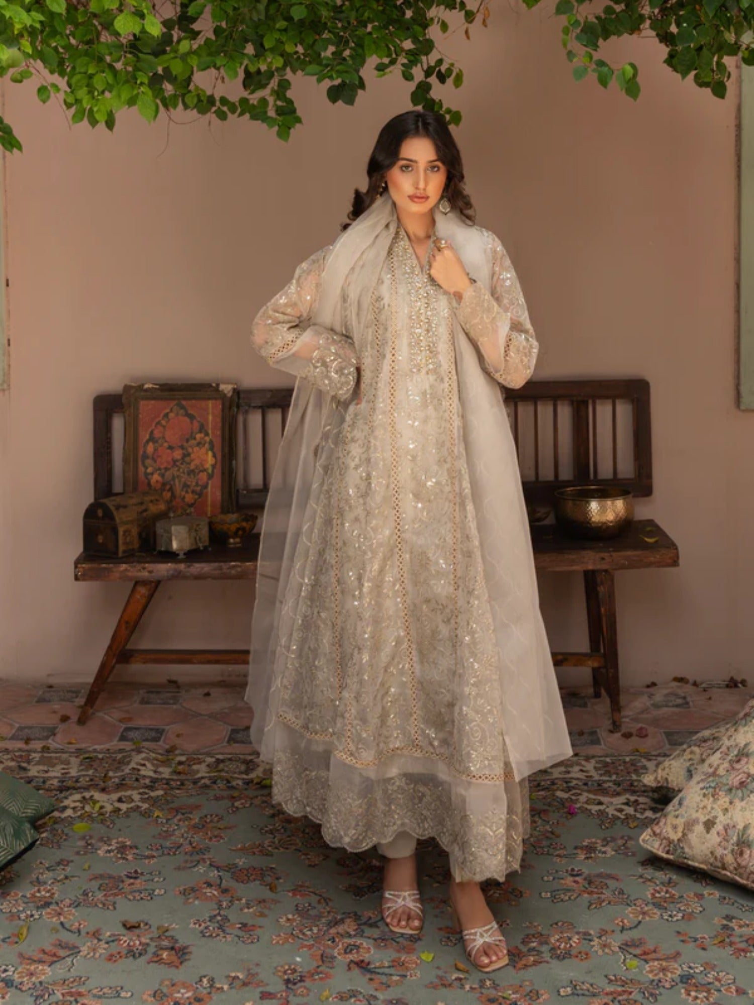 Brown Manahil Arts Organza Embellished Maxi-K-151-Tan Brown