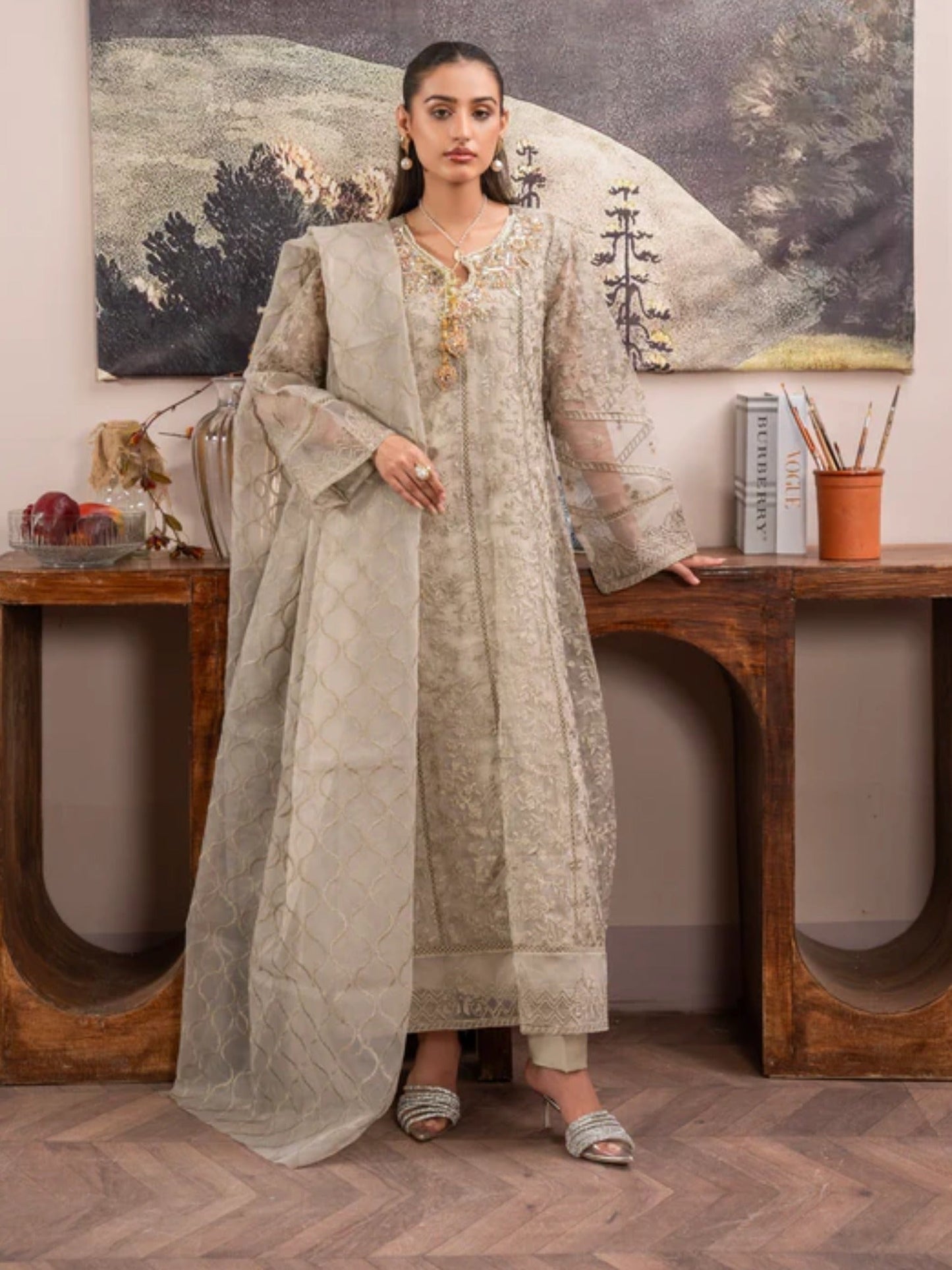 Brown Manahil Arts Organza Embellished Maxi-K-171-Camel Brown
