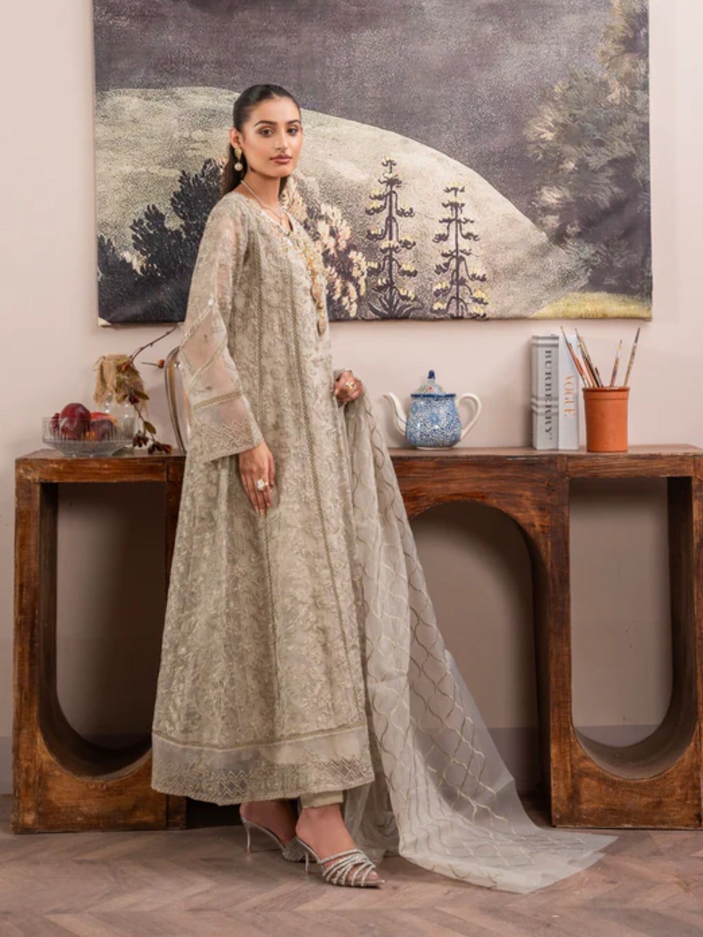 Brown Manahil Arts Organza Embellished Maxi-K-171-Camel Brown