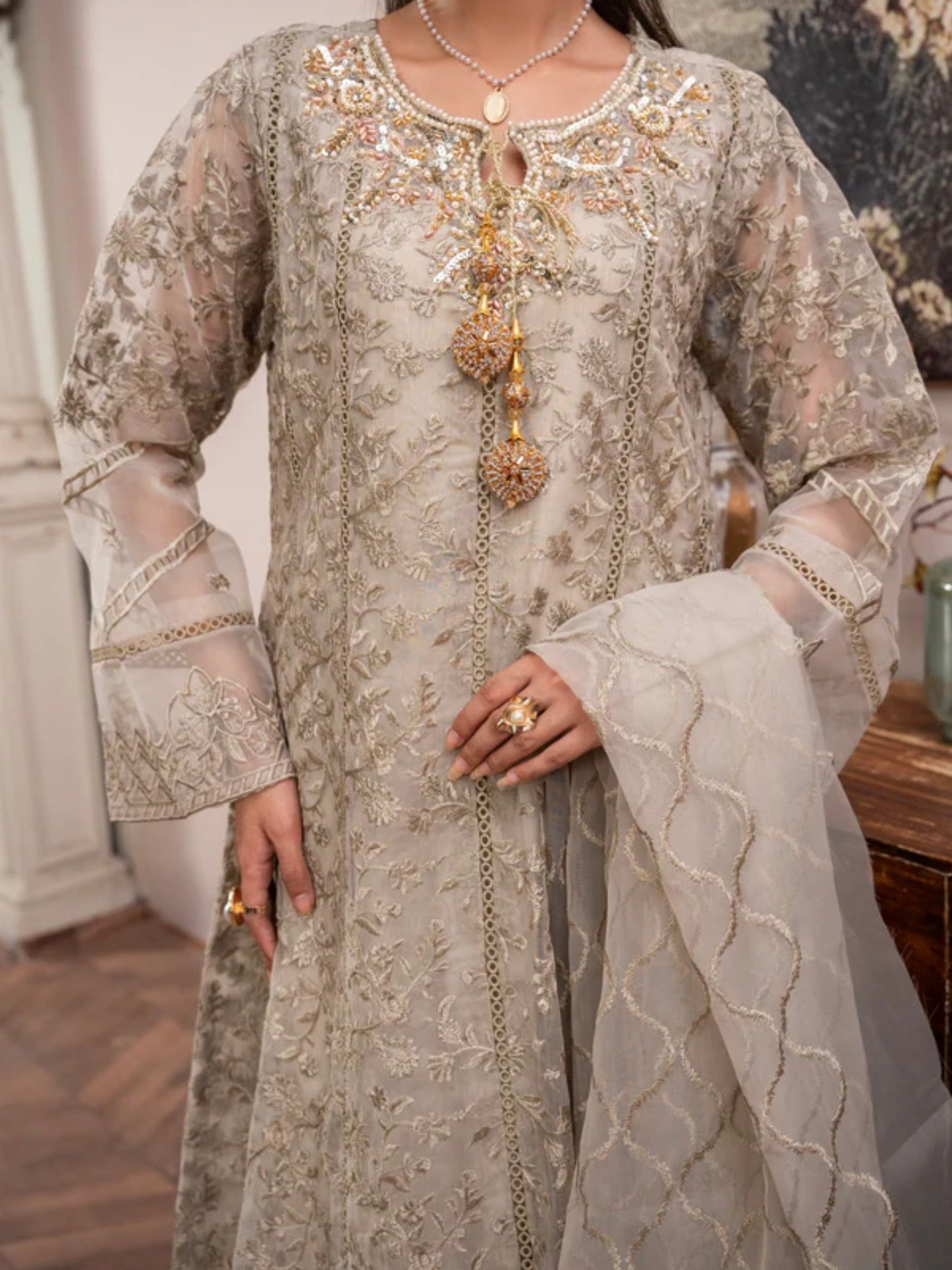 Brown Manahil Arts Organza Embellished Maxi-K-171-Camel Brown