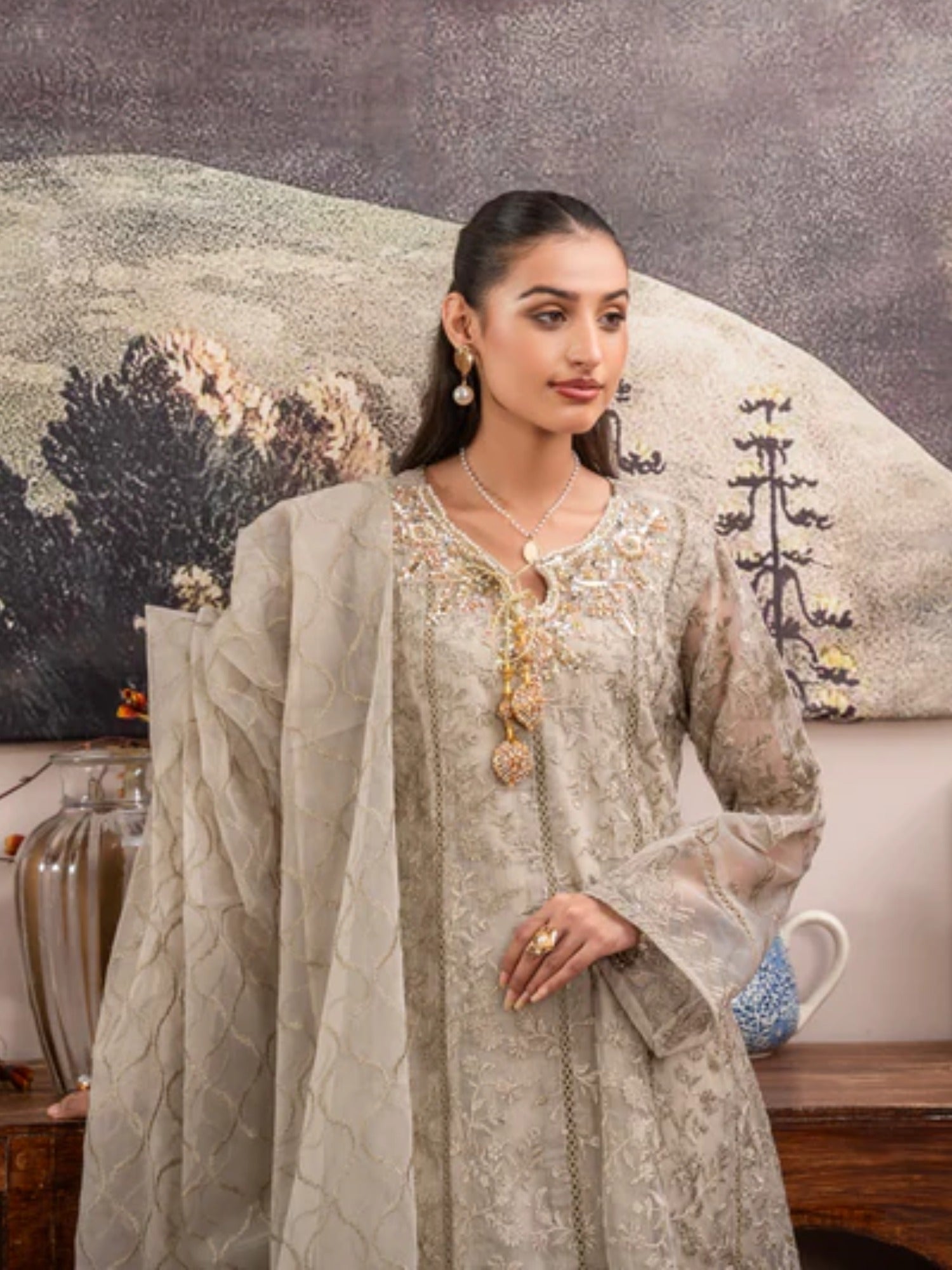 Brown Manahil Arts Organza Embellished Maxi-K-171-Camel Brown