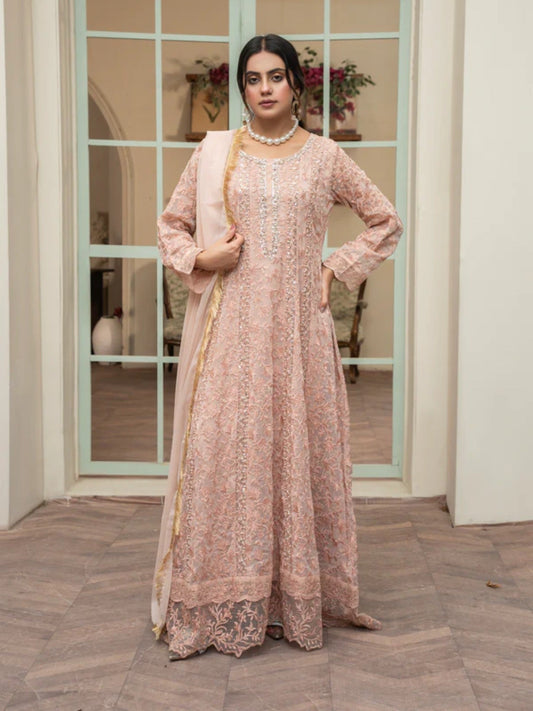 Peach Manahil Arts Chiffon Embellished Maxi-K-169-Peach