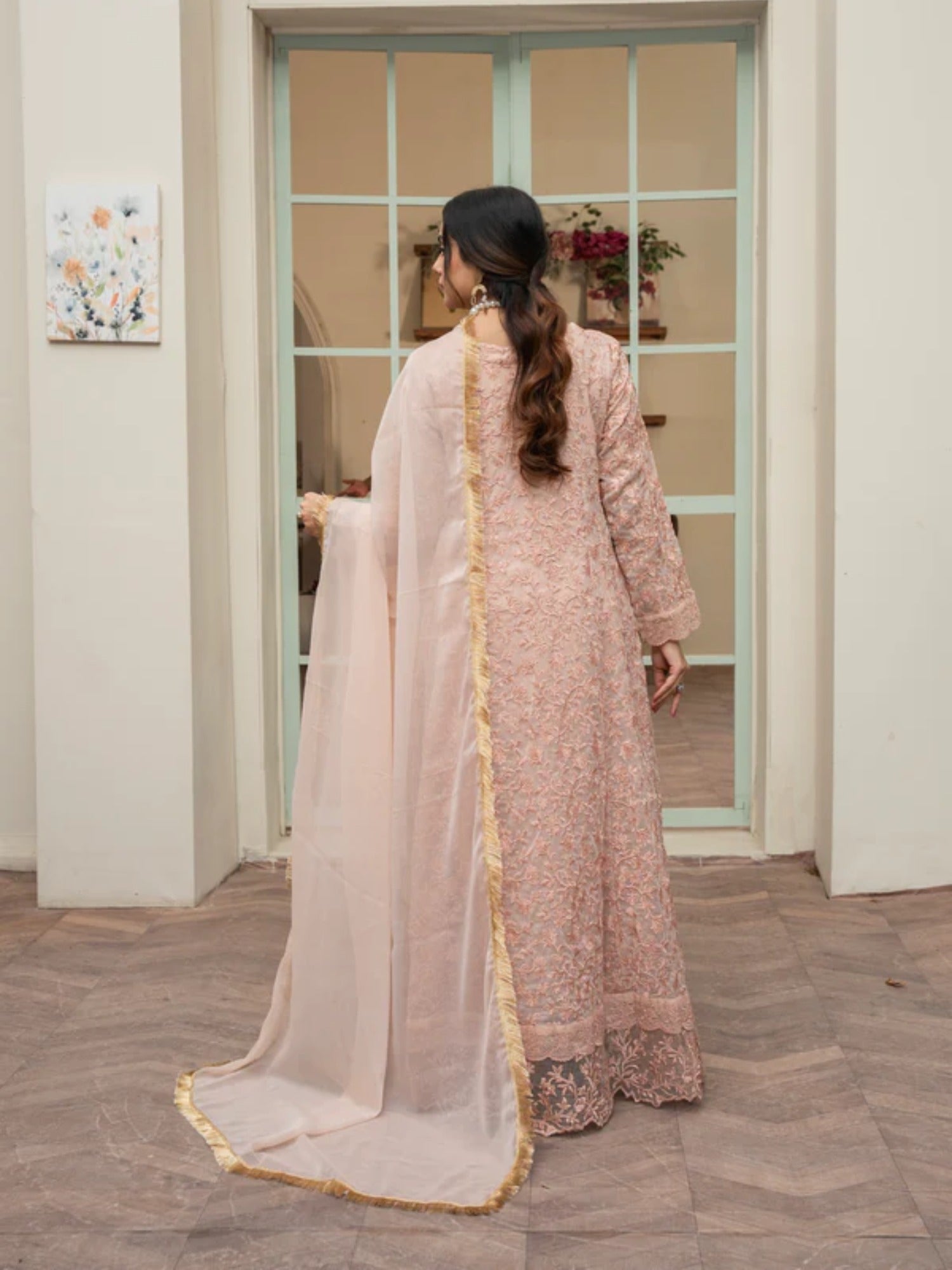 Peach Manahil Arts Chiffon Embellished Maxi-K-169-Peach