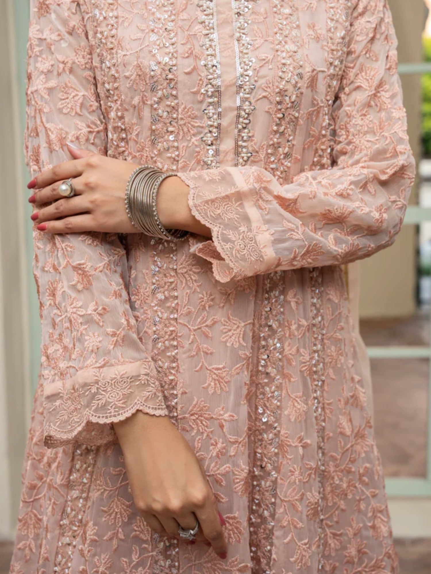 Peach Manahil Arts Chiffon Embellished Maxi-K-169-Peach