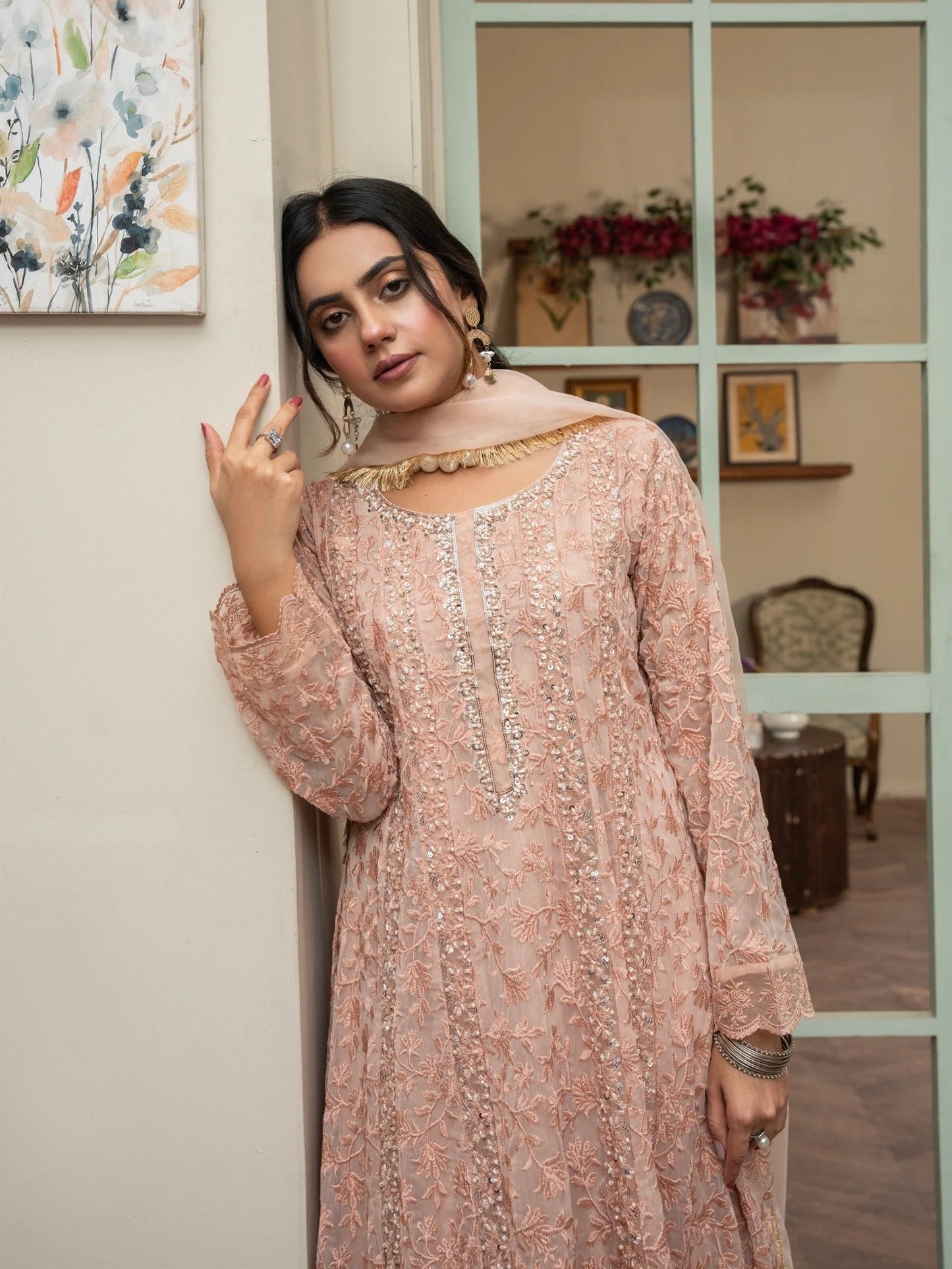 Peach Manahil Arts Chiffon Embellished Maxi-K-169-Peach
