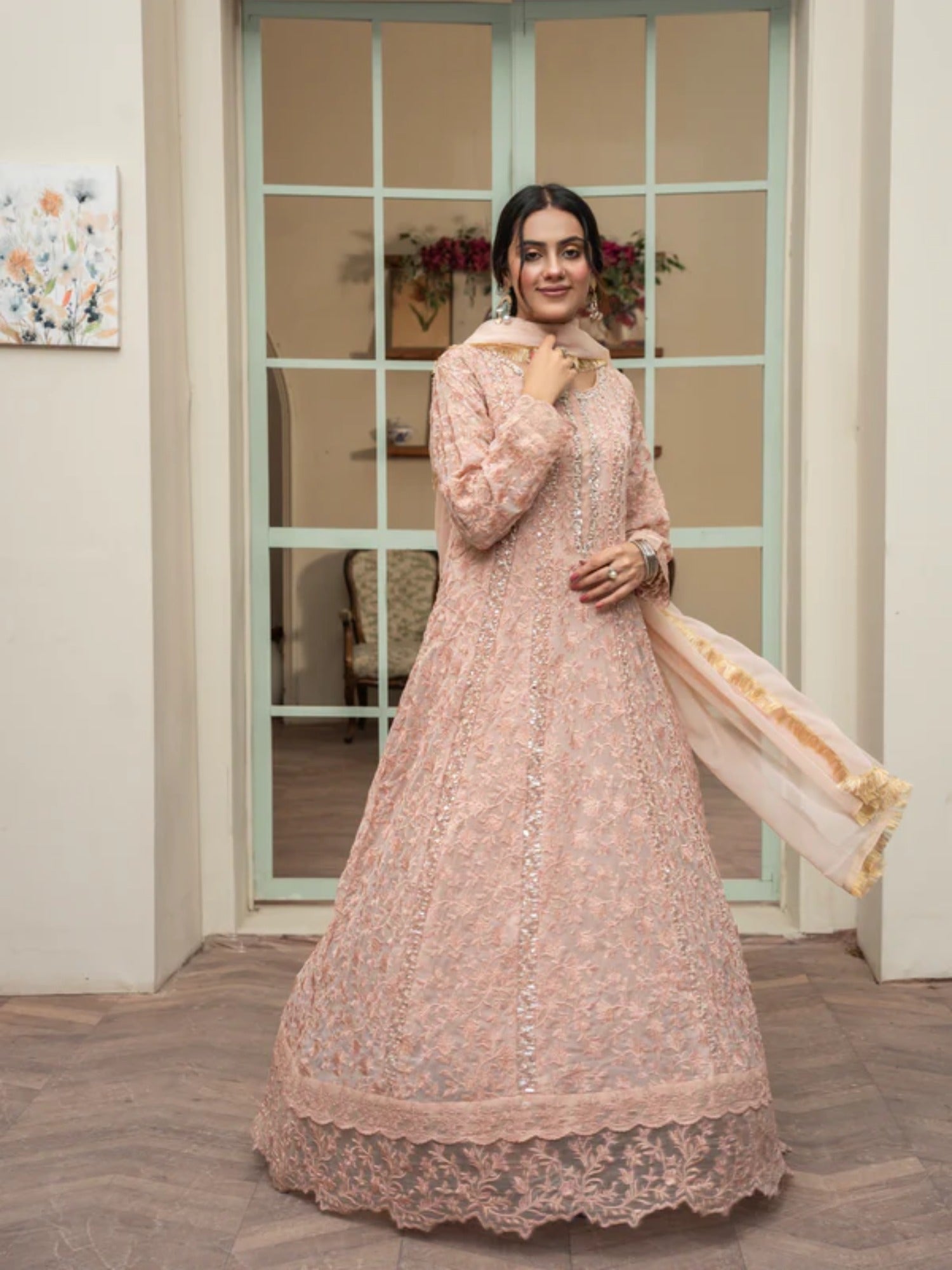 Peach Manahil Arts Chiffon Embellished Maxi-K-169-Peach