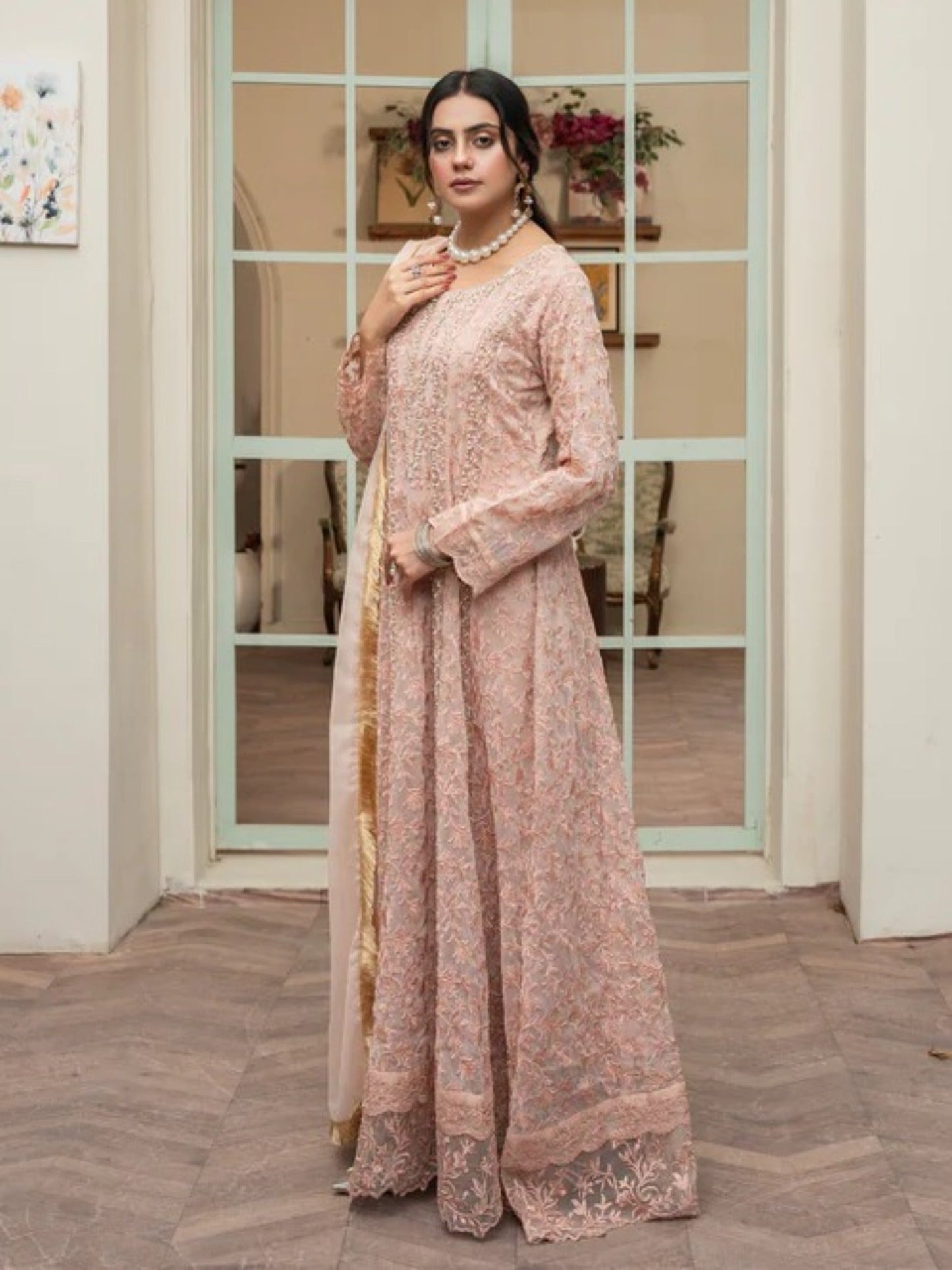 Peach Manahil Arts Chiffon Embellished Maxi-K-169-Peach