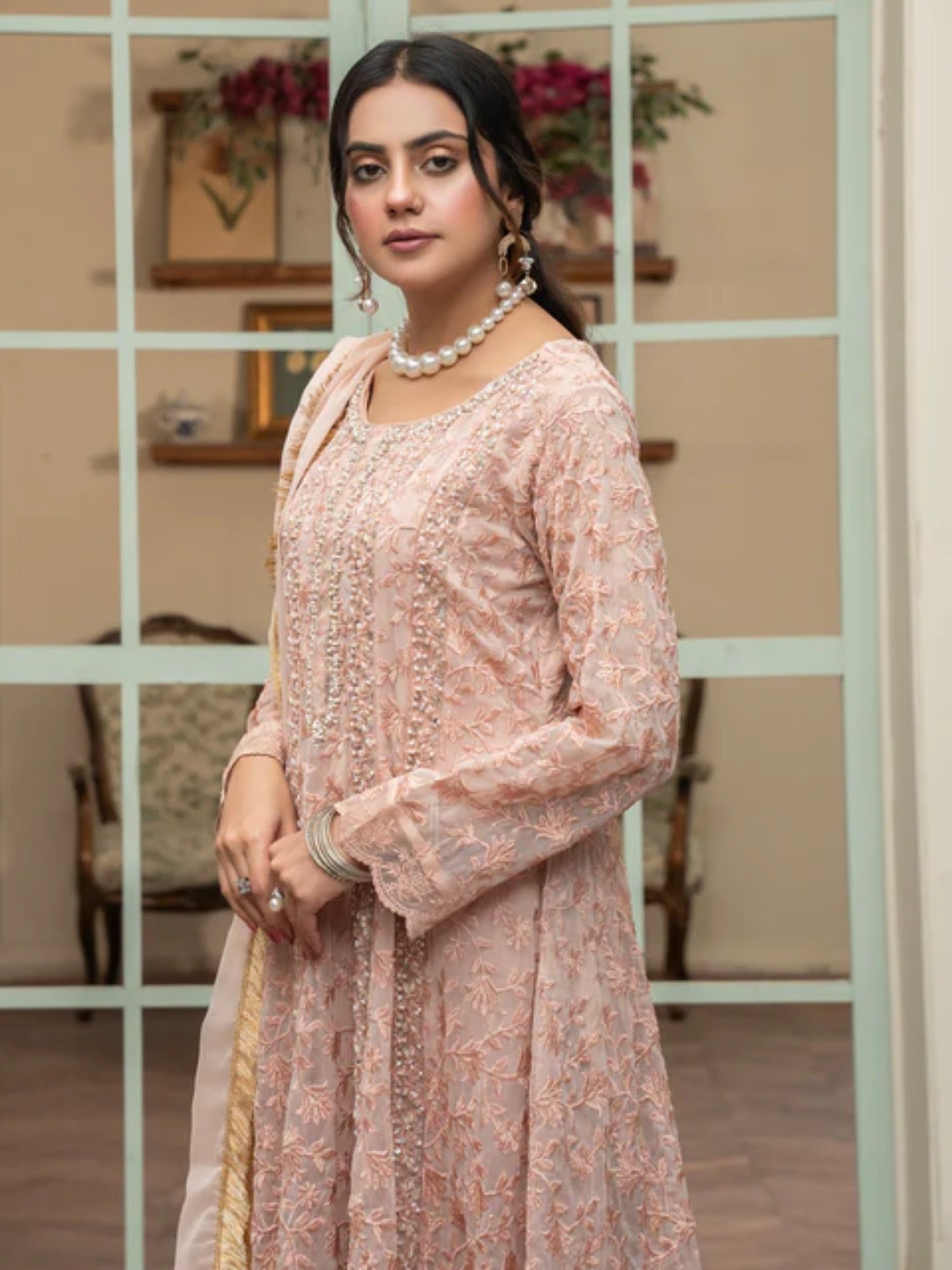 Peach Manahil Arts Chiffon Embellished Maxi-K-169-Peach