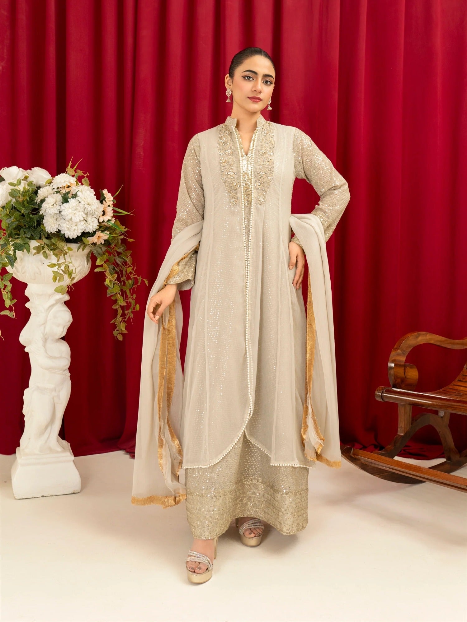 Manahil Arts Chiffon Embellished Stitched 3-Piece Suit-K-147-Tan