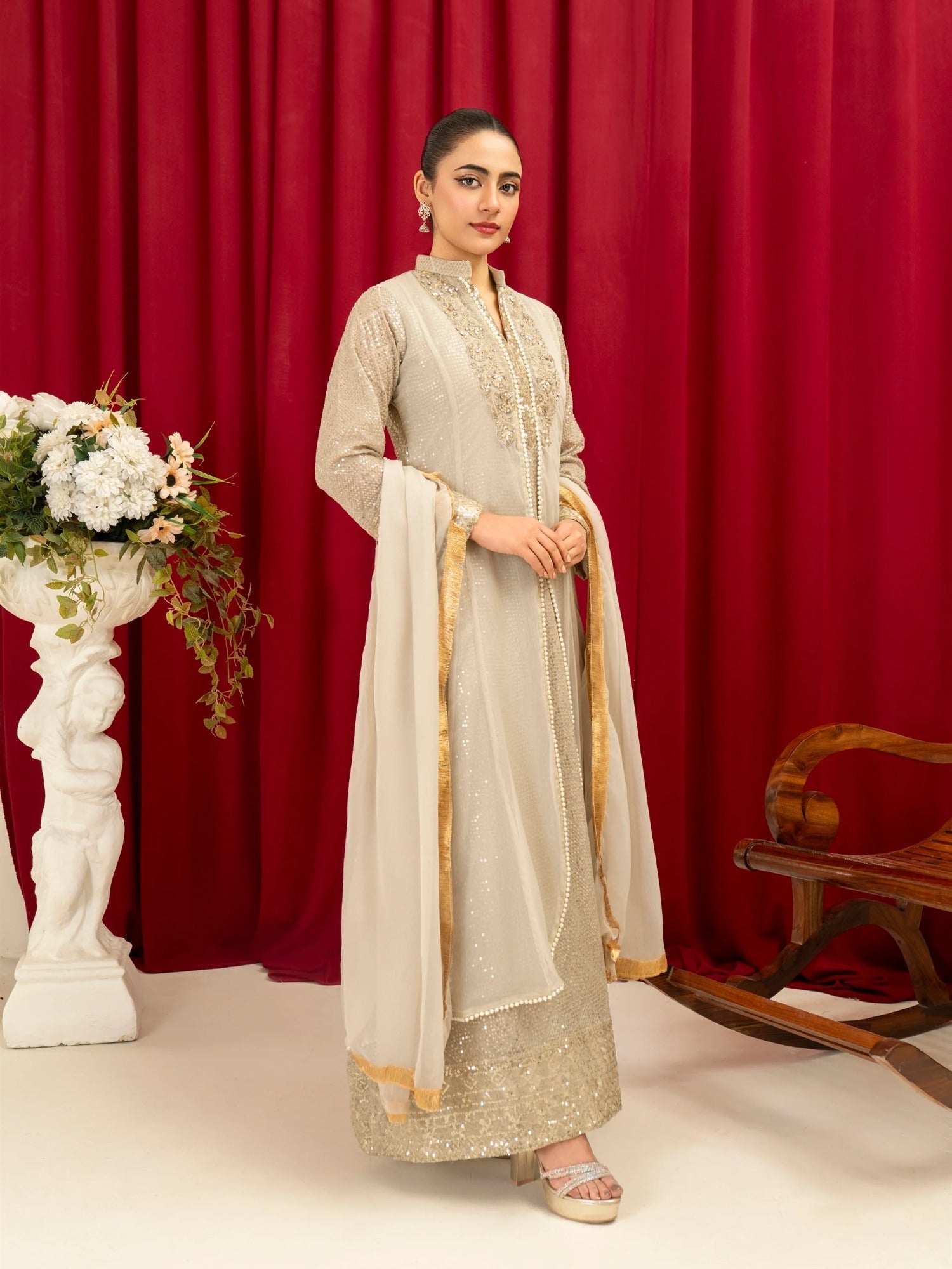 Manahil Arts Chiffon Embellished Stitched 3-Piece Suit-K-147-Tan
