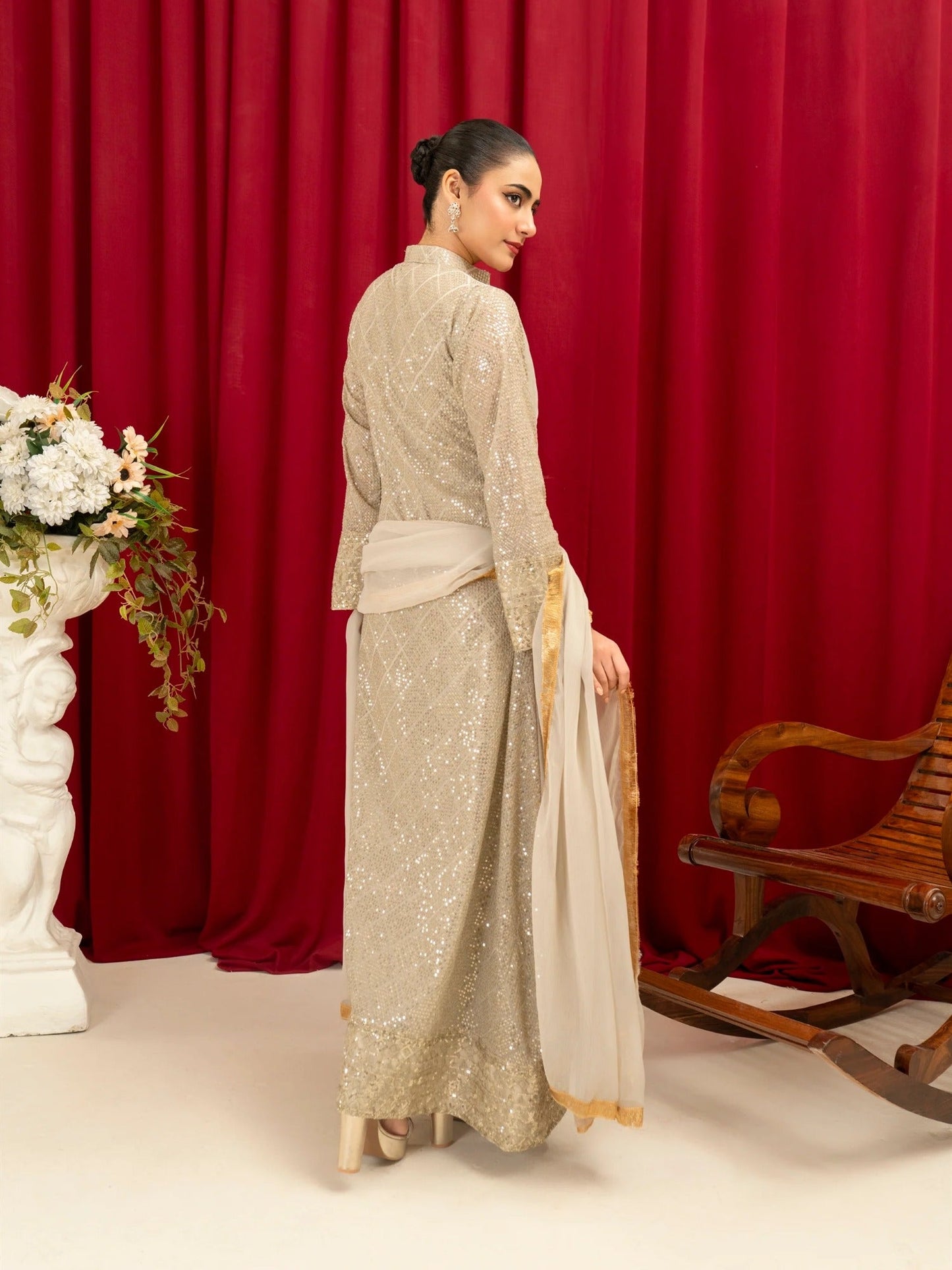 Manahil Arts Chiffon Embellished Stitched 3-Piece Suit-K-147-Tan
