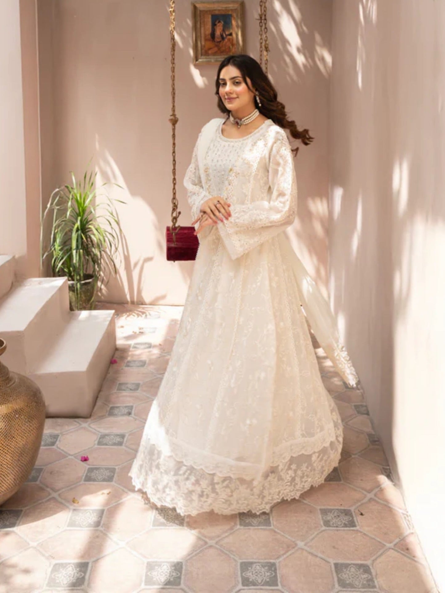 Cream-Manahil Arts Khaddi Net Embellished Maxi-K-160-Off White