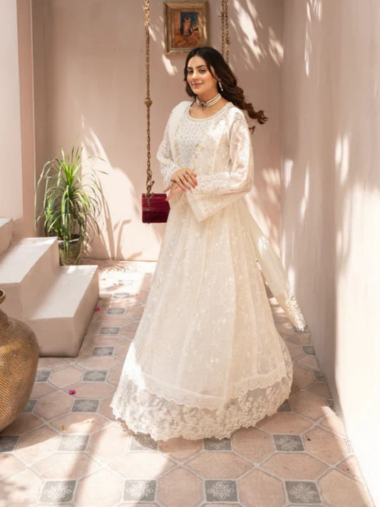 Cream-Manahil Arts Khaddi Net Embellished Maxi-K-160-Off White