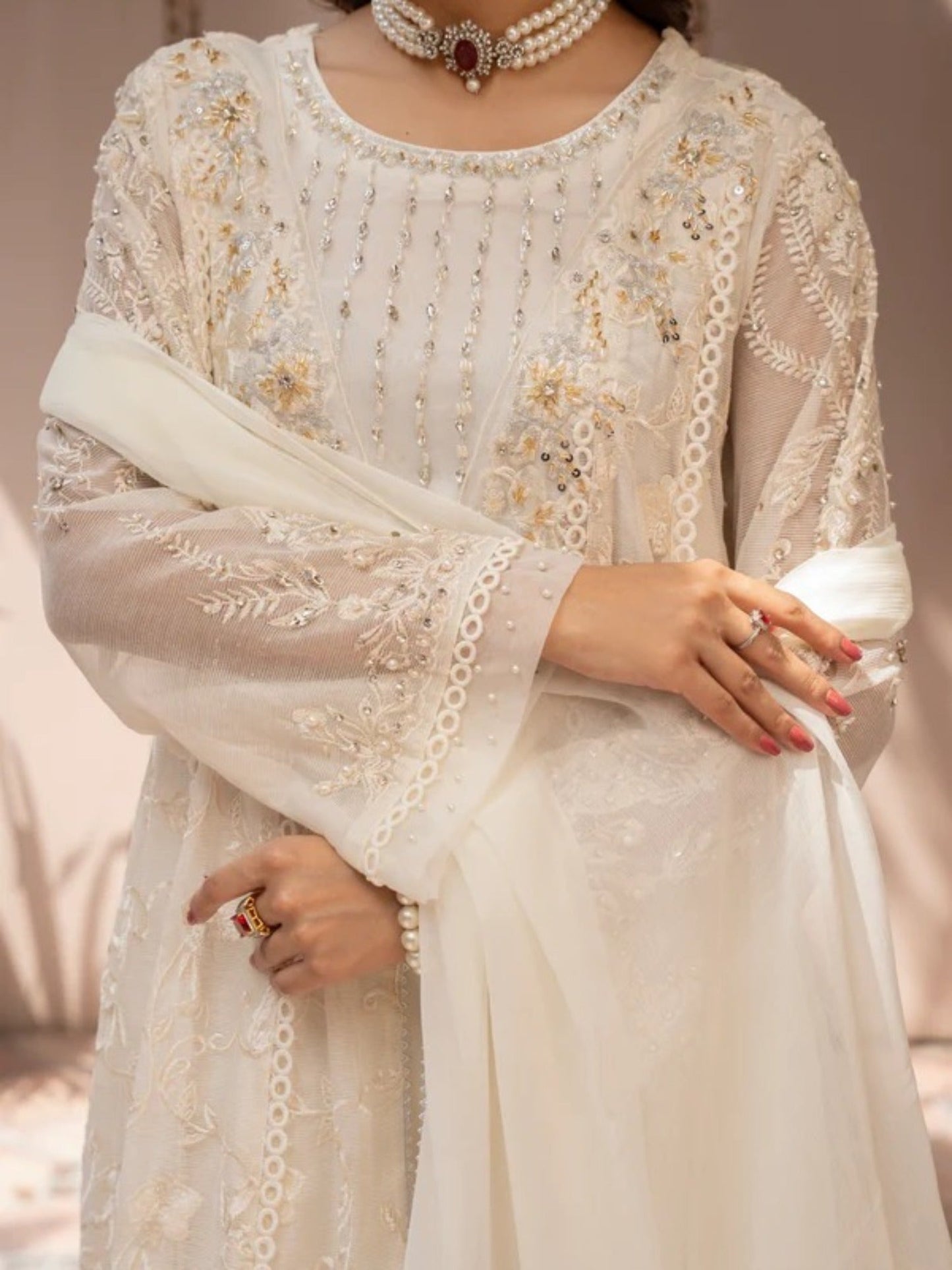 Cream-Manahil Arts Khaddi Net Embellished Maxi-K-160-Off White