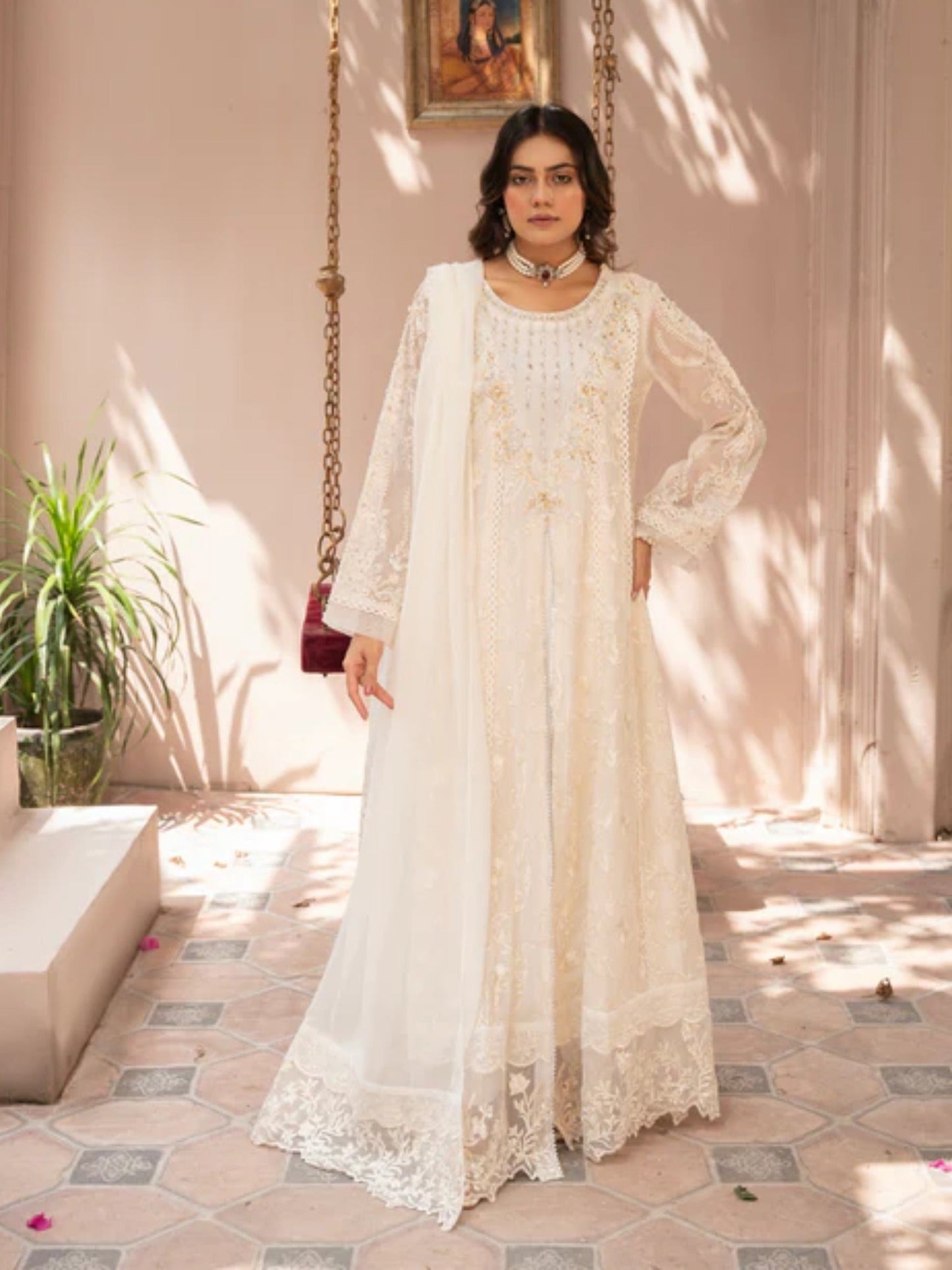 Cream-Manahil Arts Khaddi Net Embellished Maxi-K-160-Off White