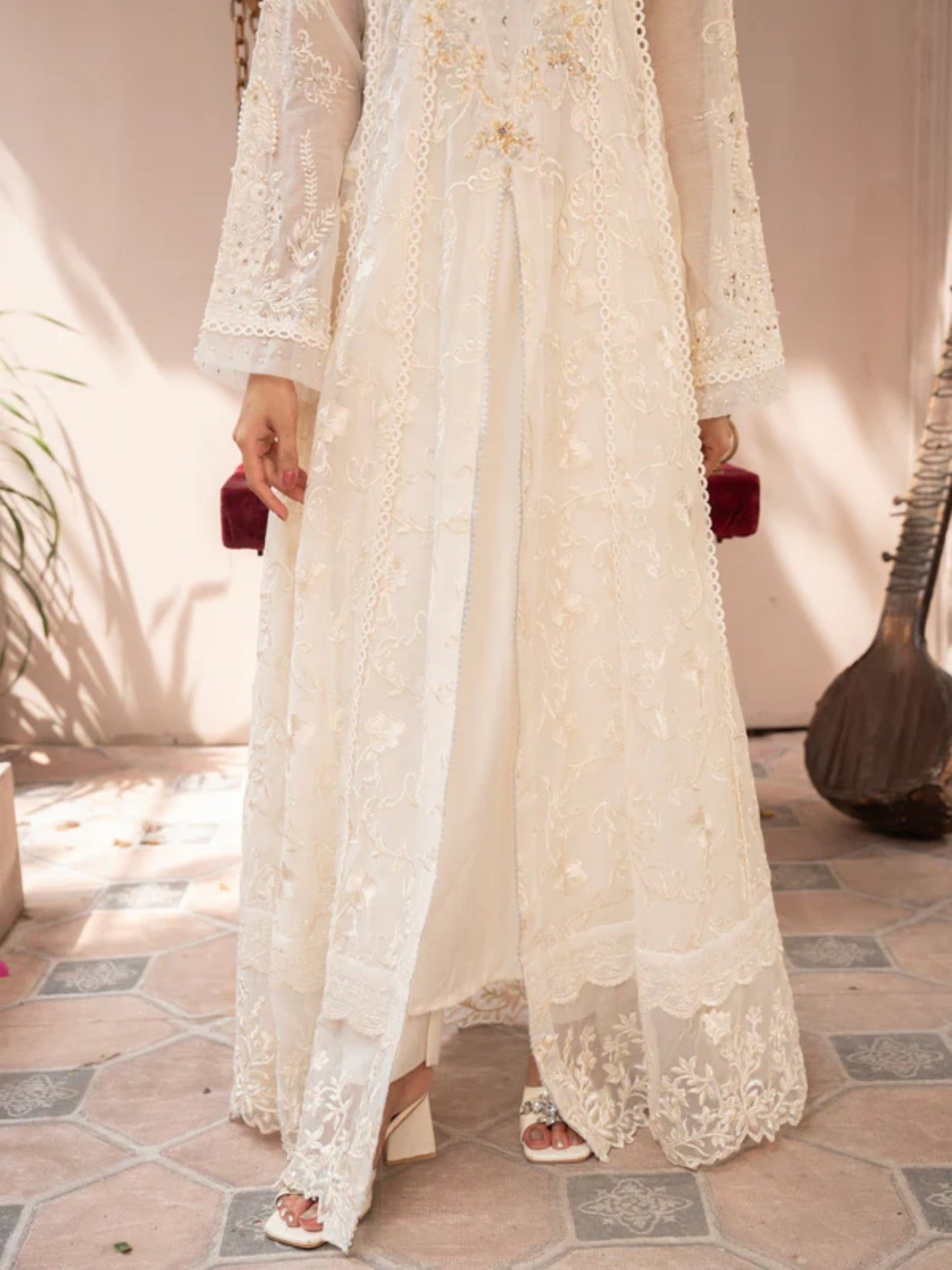 Cream-Manahil Arts Khaddi Net Embellished Maxi-K-160-Off White