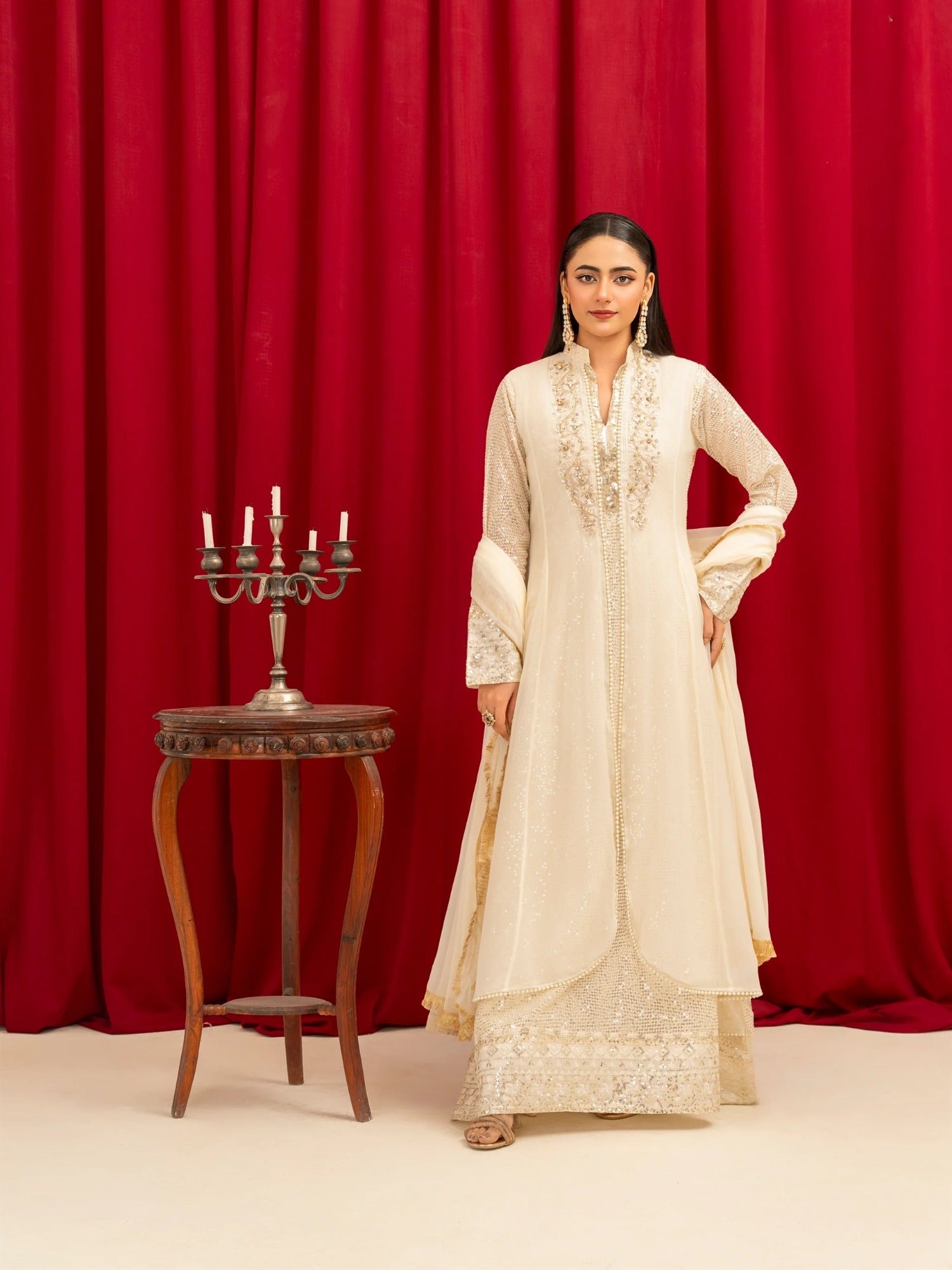 Manahil Arts Chiffon Embellished Stitched 3-Piece Suit-K-147-Off White