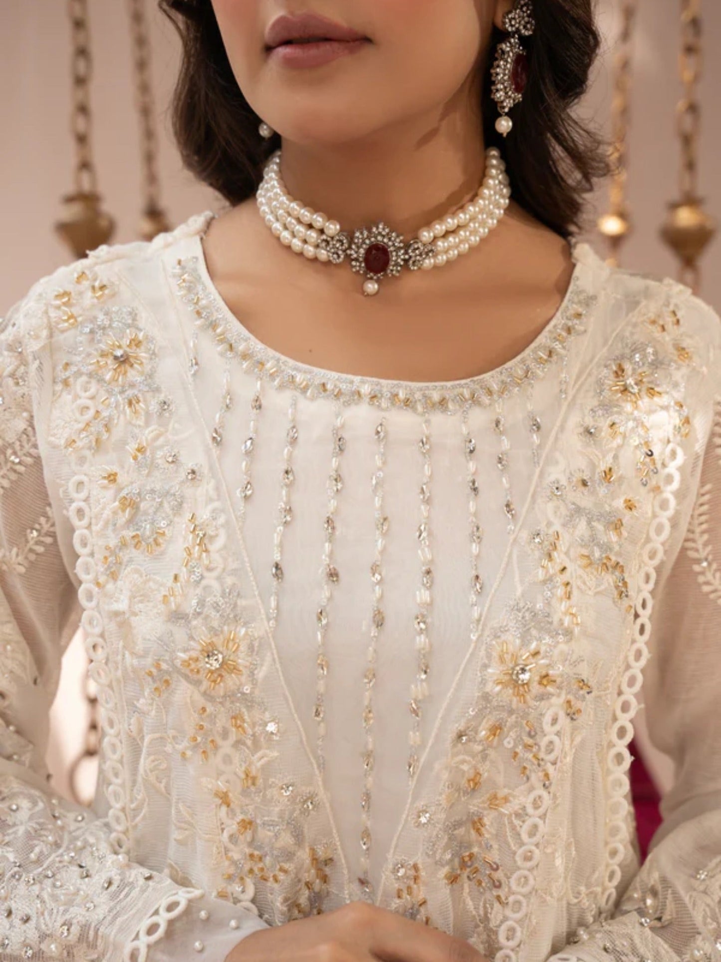 Cream-Manahil Arts Khaddi Net Embellished Maxi-K-160-Off White