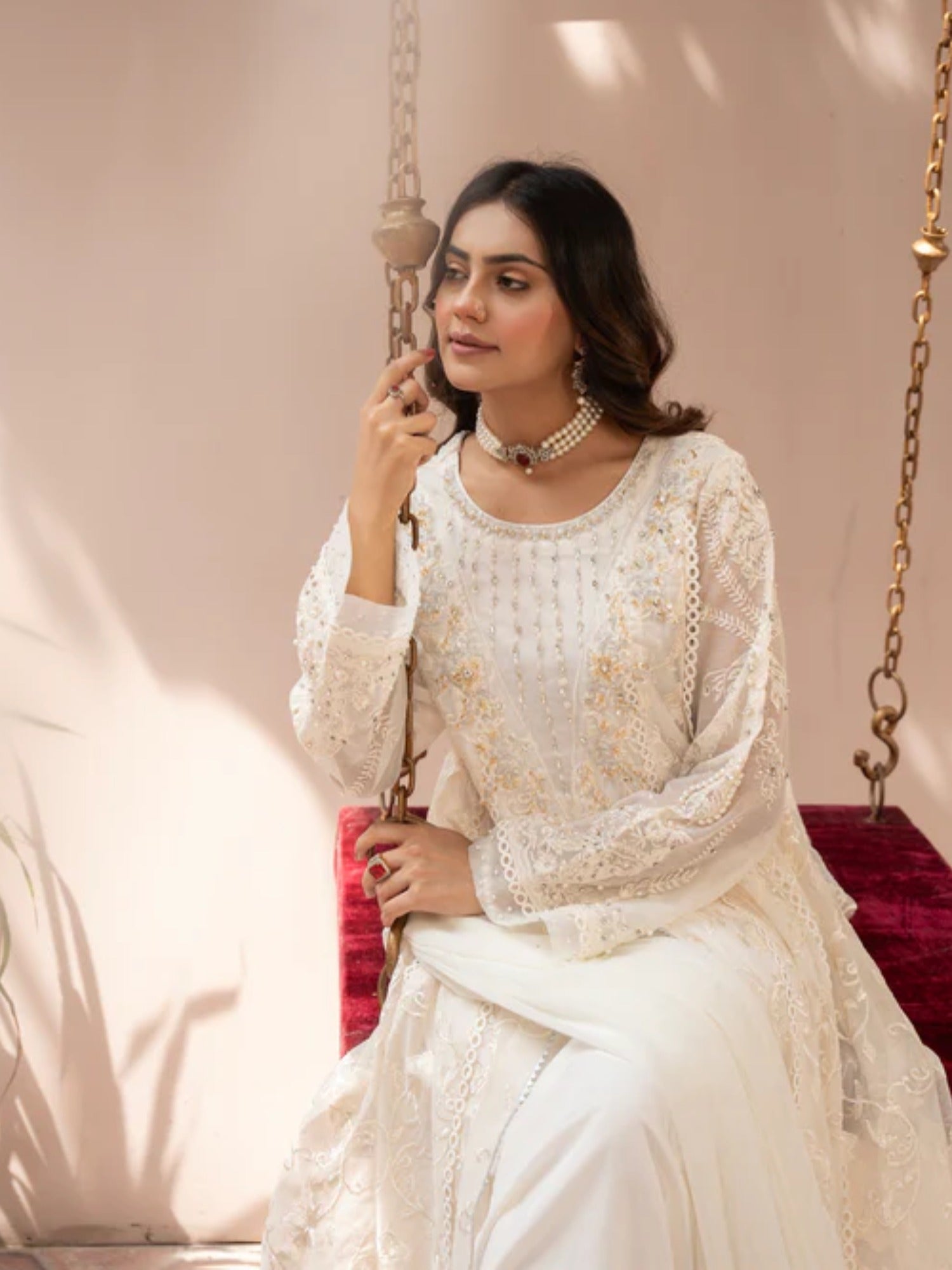 Cream-Manahil Arts Khaddi Net Embellished Maxi-K-160-Off White