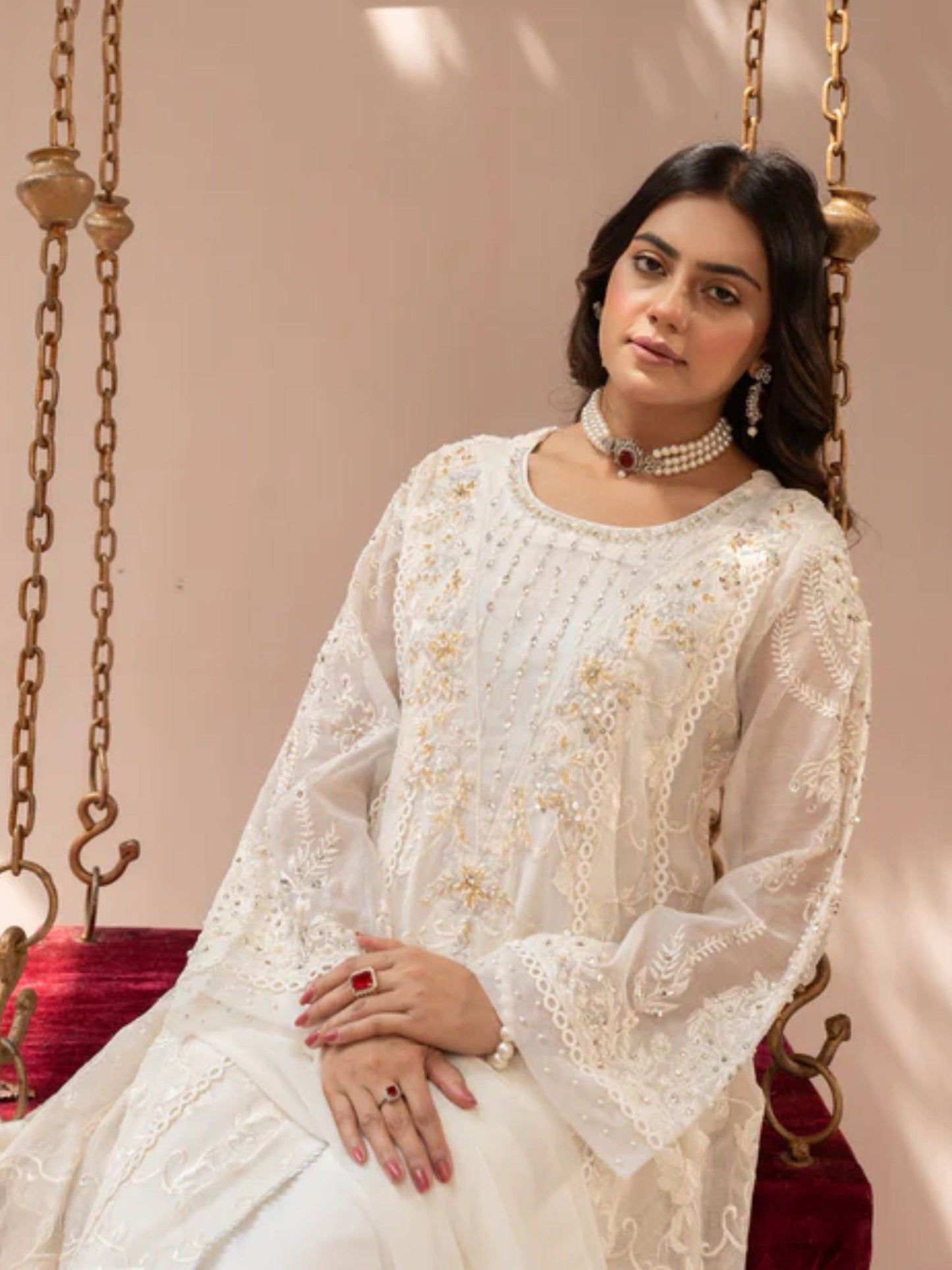 Cream-Manahil Arts Khaddi Net Embellished Maxi-K-160-Off White
