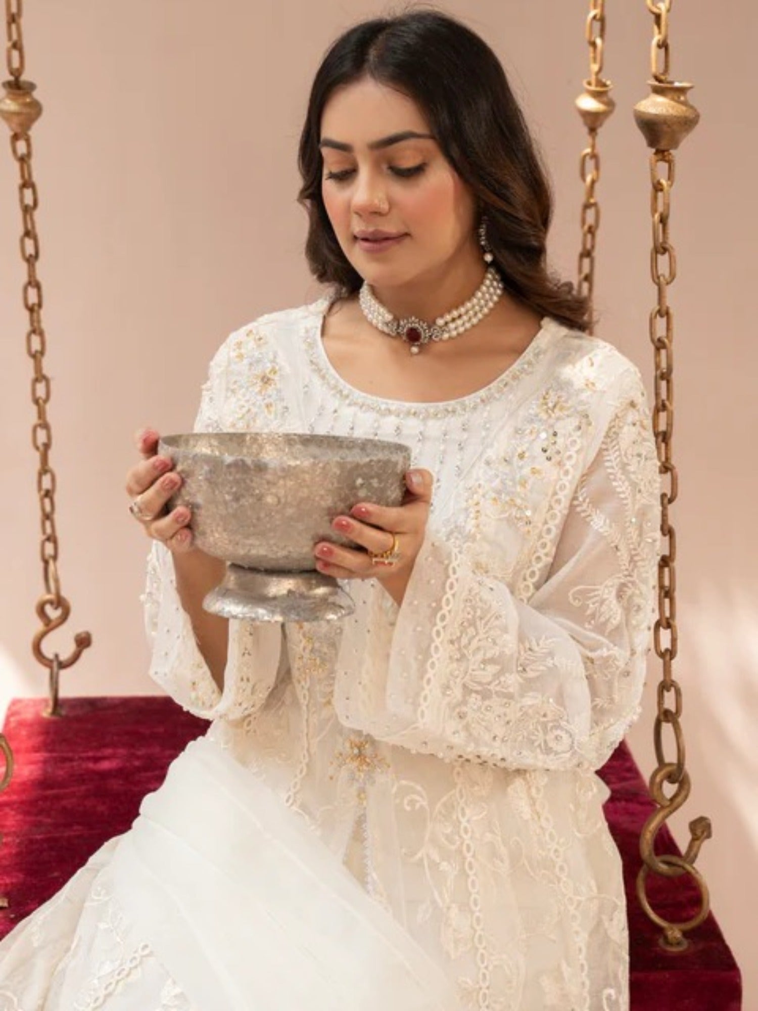 Cream-Manahil Arts Khaddi Net Embellished Maxi-K-160-Off White