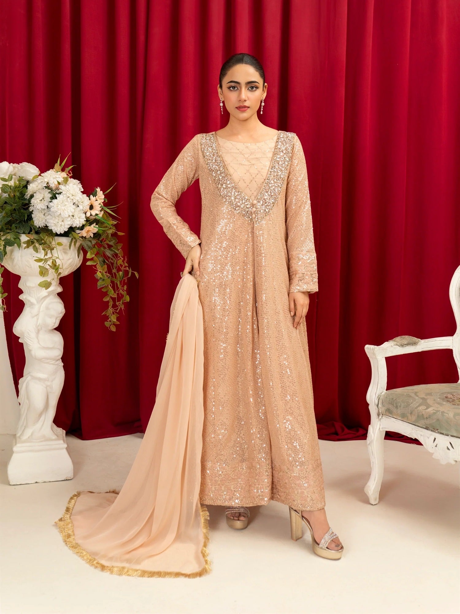 Peach Manahil Arts Chiffon Embellished Stitched 4-Piece Suit-K-135-Peach