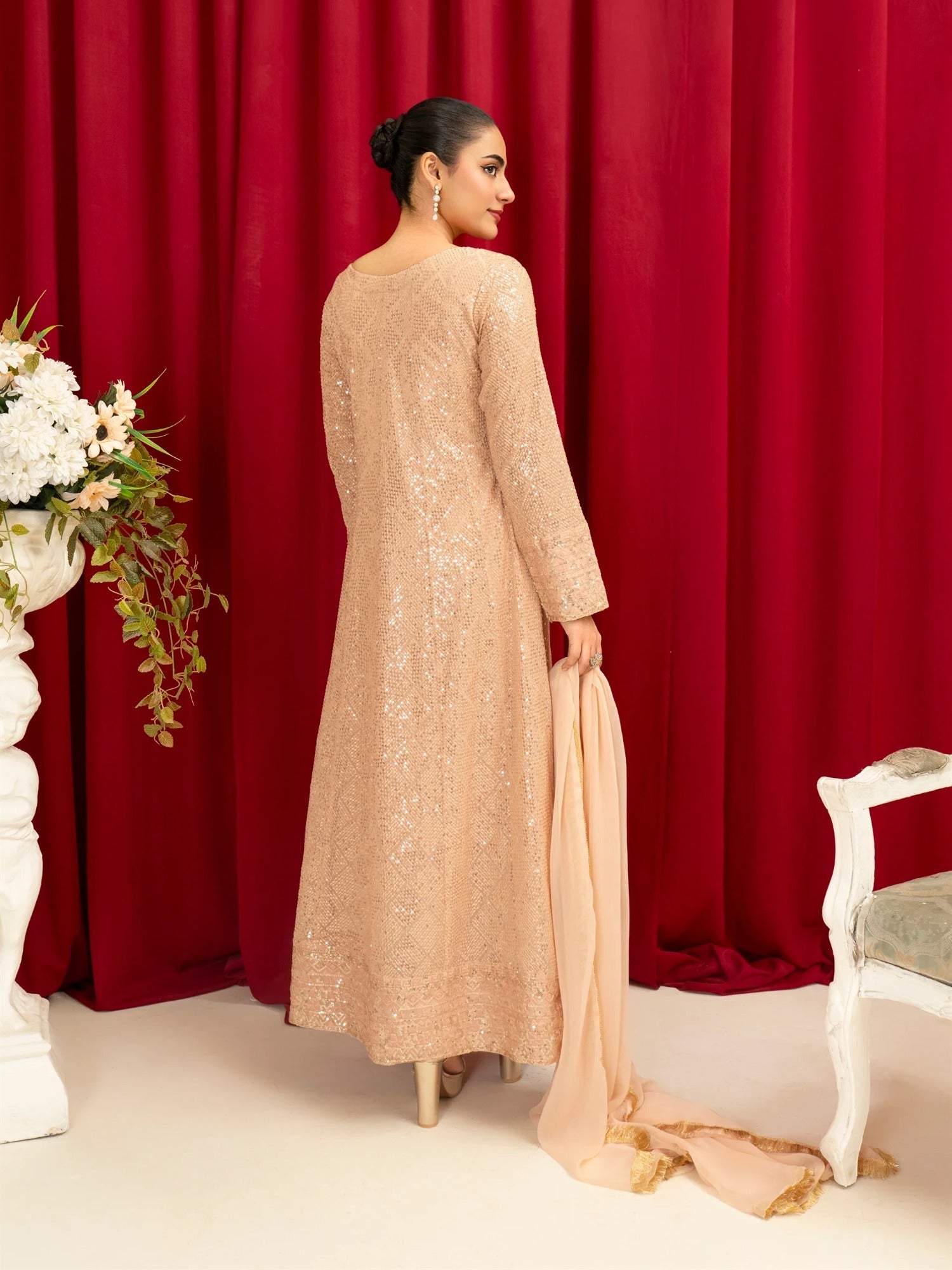 Peach Manahil Arts Chiffon Embellished Stitched 4-Piece Suit-K-135-Peach