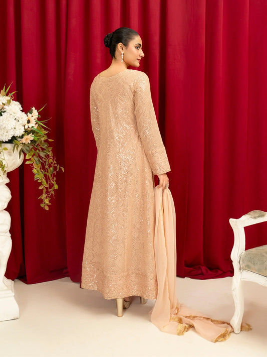Peach Manahil Arts Chiffon Embellished Stitched 4-Piece Suit-K-135-Peach