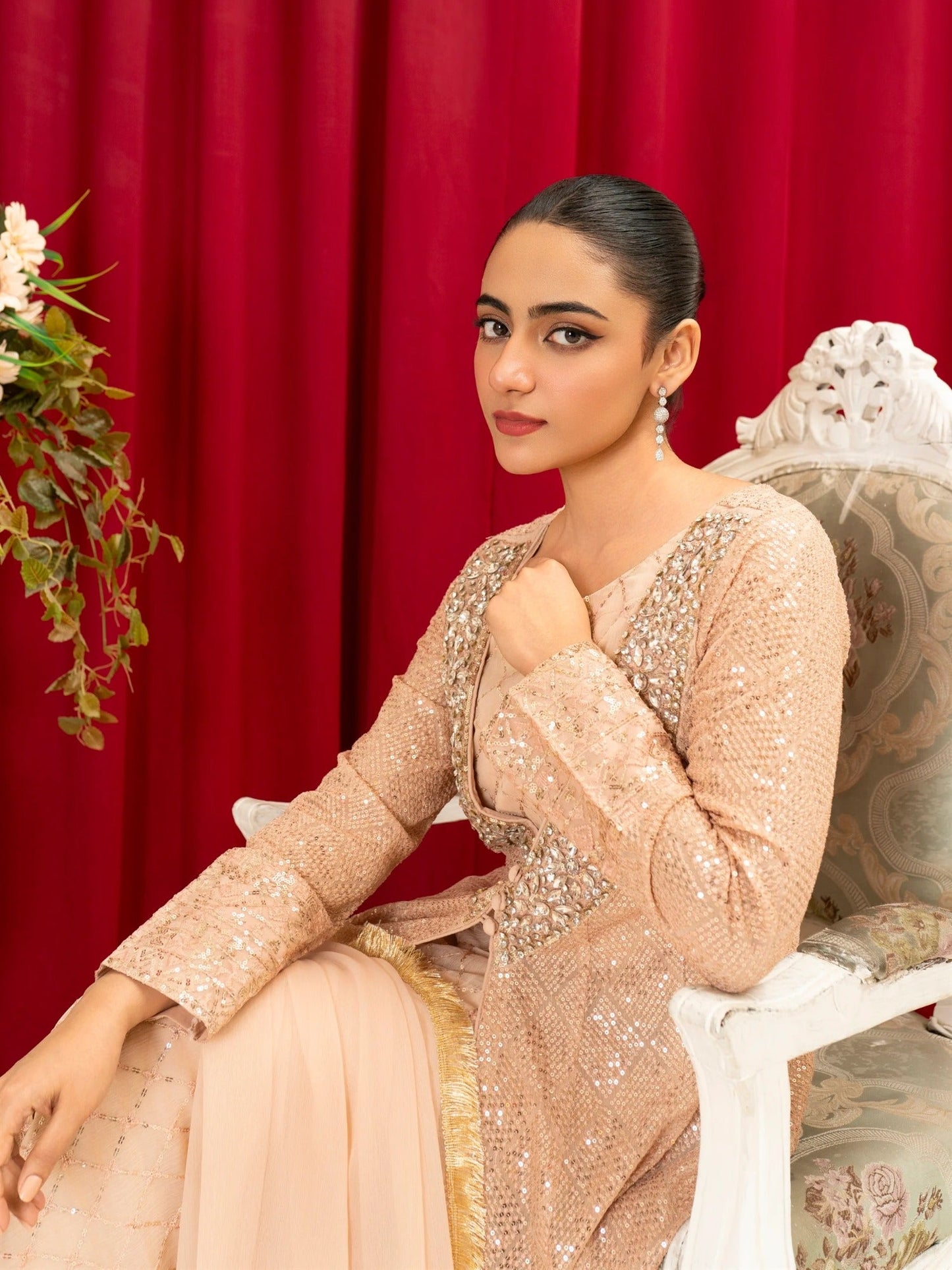 Peach Manahil Arts Chiffon Embellished Stitched 4-Piece Suit-K-135-Peach