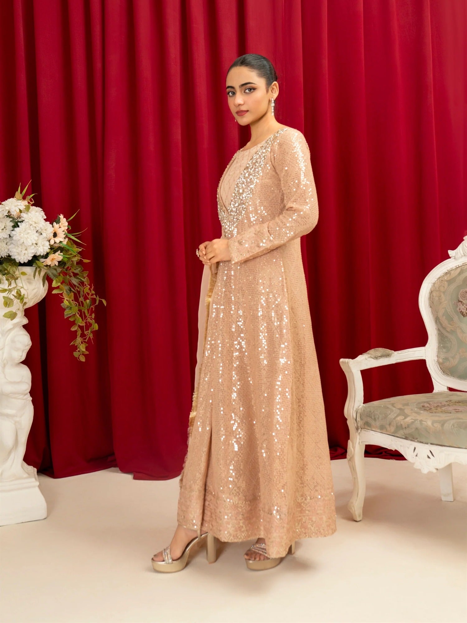 Peach Manahil Arts Chiffon Embellished Stitched 4-Piece Suit-K-135-Peach