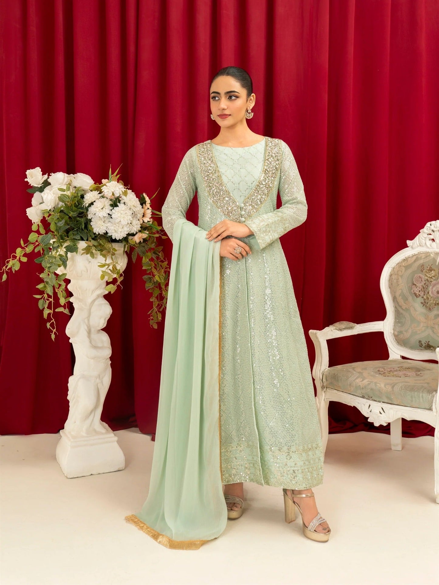 Mint Green Manahil Arts Chiffon Embellished Stitched 4-Piece Suit-K-135-Mint Green
