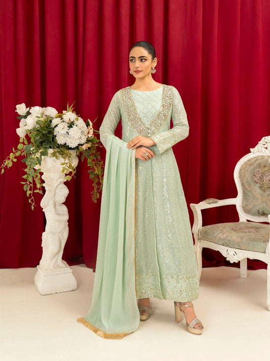 Mint Green Manahil Arts Chiffon Embellished Stitched 4-Piece Suit-K-135-Mint Green