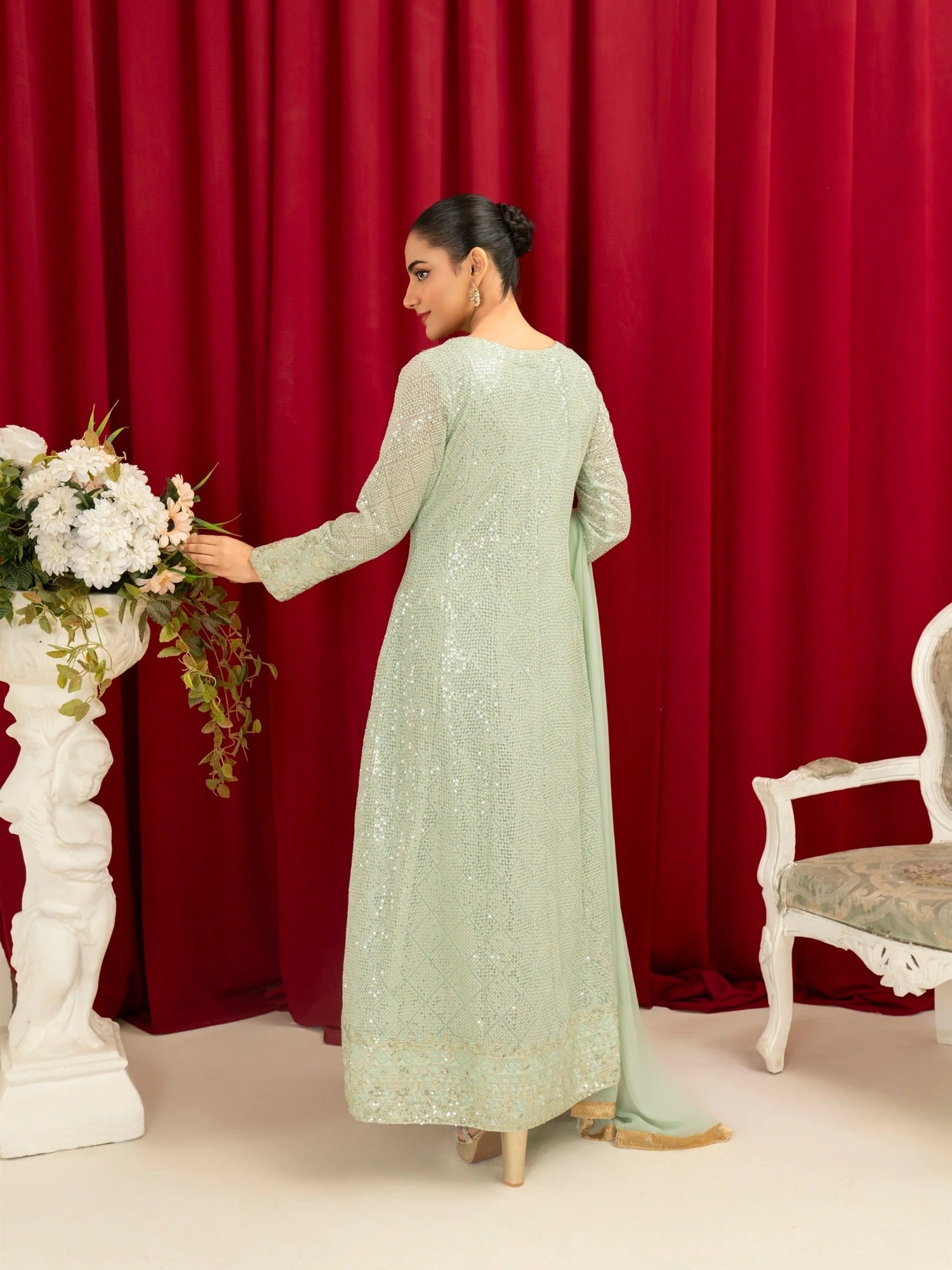 Mint Green Manahil Arts Chiffon Embellished Stitched 4-Piece Suit-K-135-Mint Green