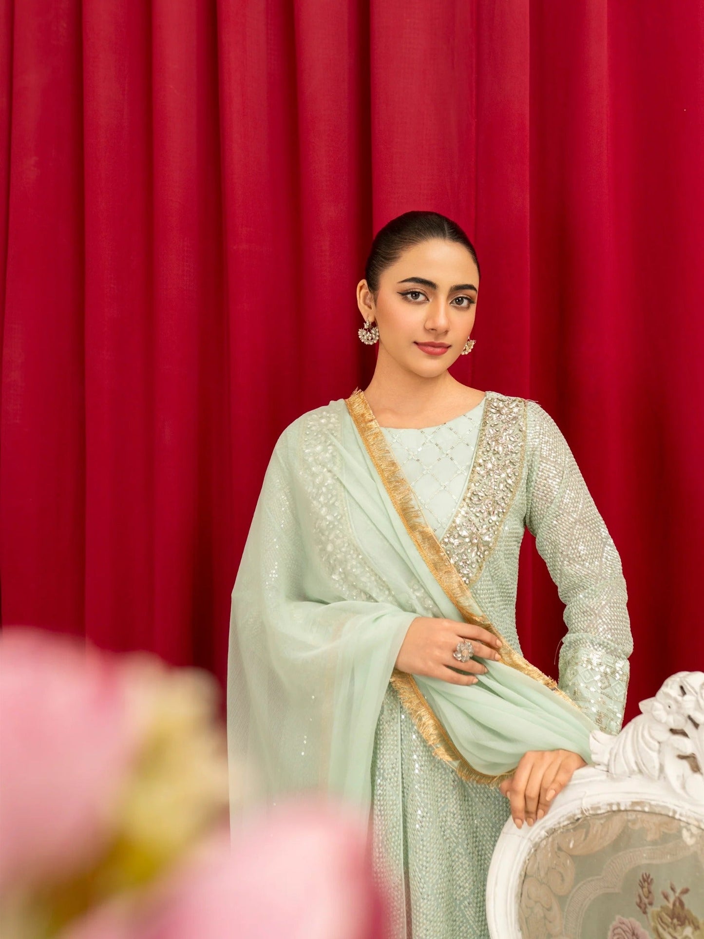 Mint Green Manahil Arts Chiffon Embellished Stitched 4-Piece Suit-K-135-Mint Green