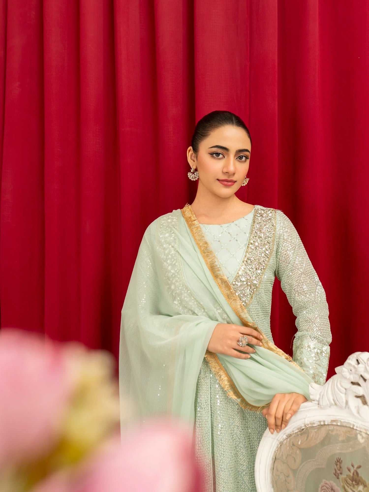 Mint Green Manahil Arts Chiffon Embellished Stitched 4-Piece Suit-K-135-Mint Green