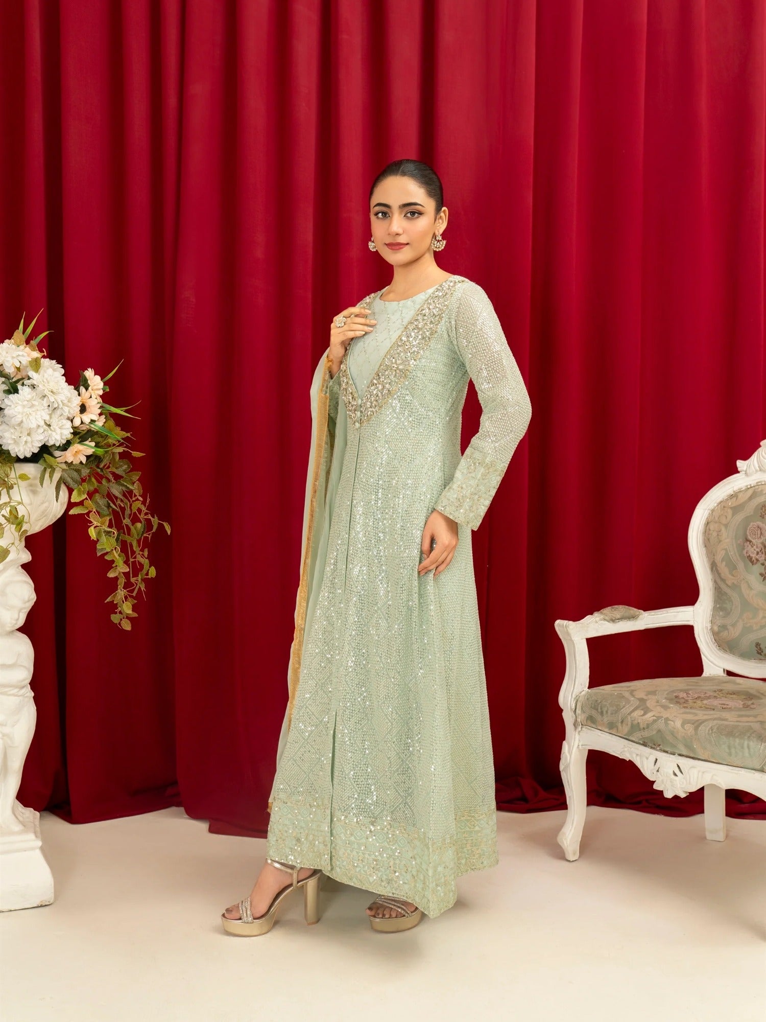 Mint Green Manahil Arts Chiffon Embellished Stitched 4-Piece Suit-K-135-Mint Green
