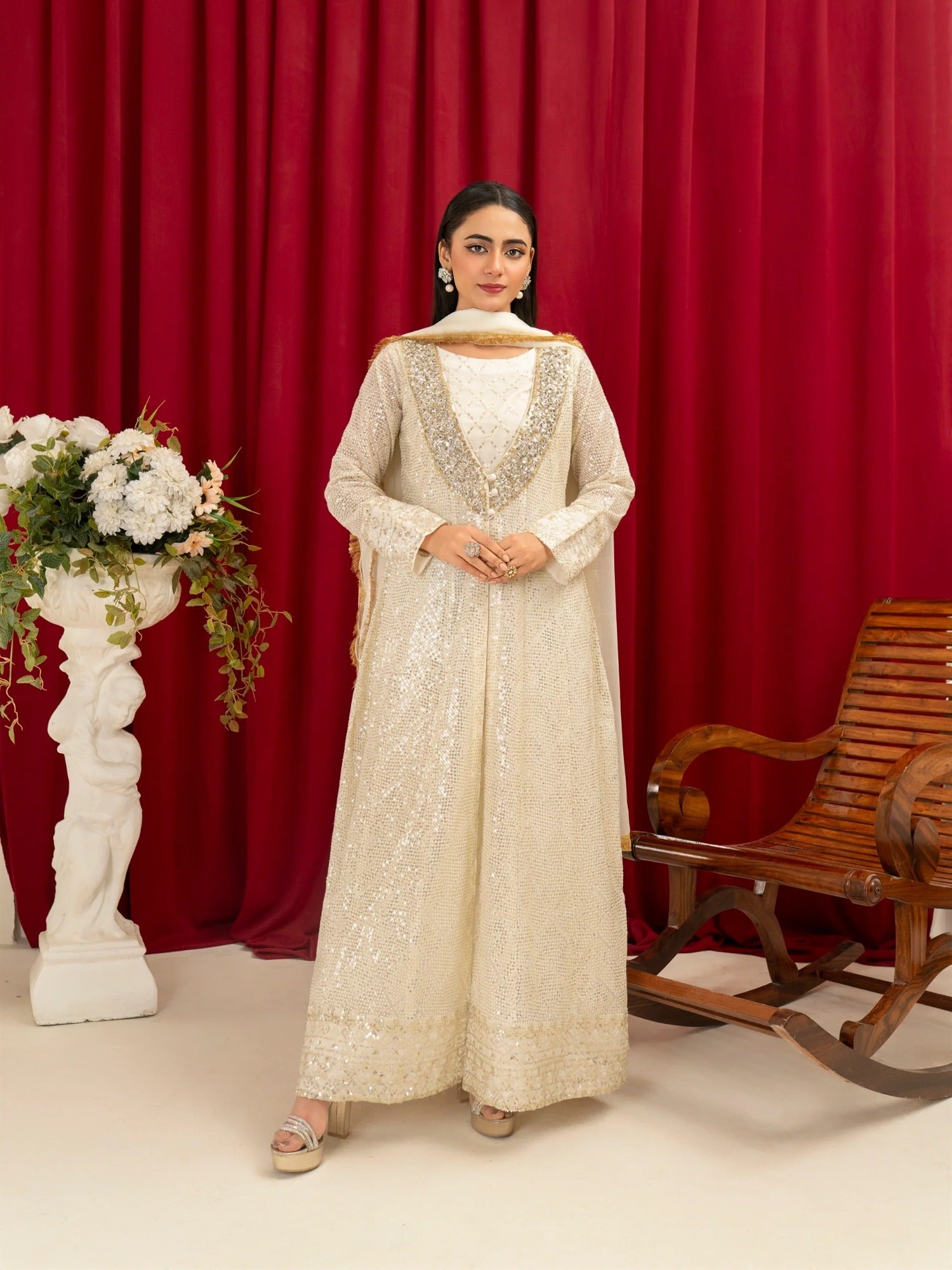 Manahil Arts Chiffon Embellished Stitched 4-Piece Suit-K-135-Off White