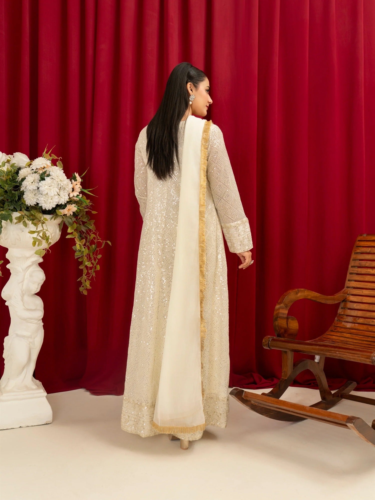 Manahil Arts Chiffon Embellished Stitched 4-Piece Suit-K-135-Off White