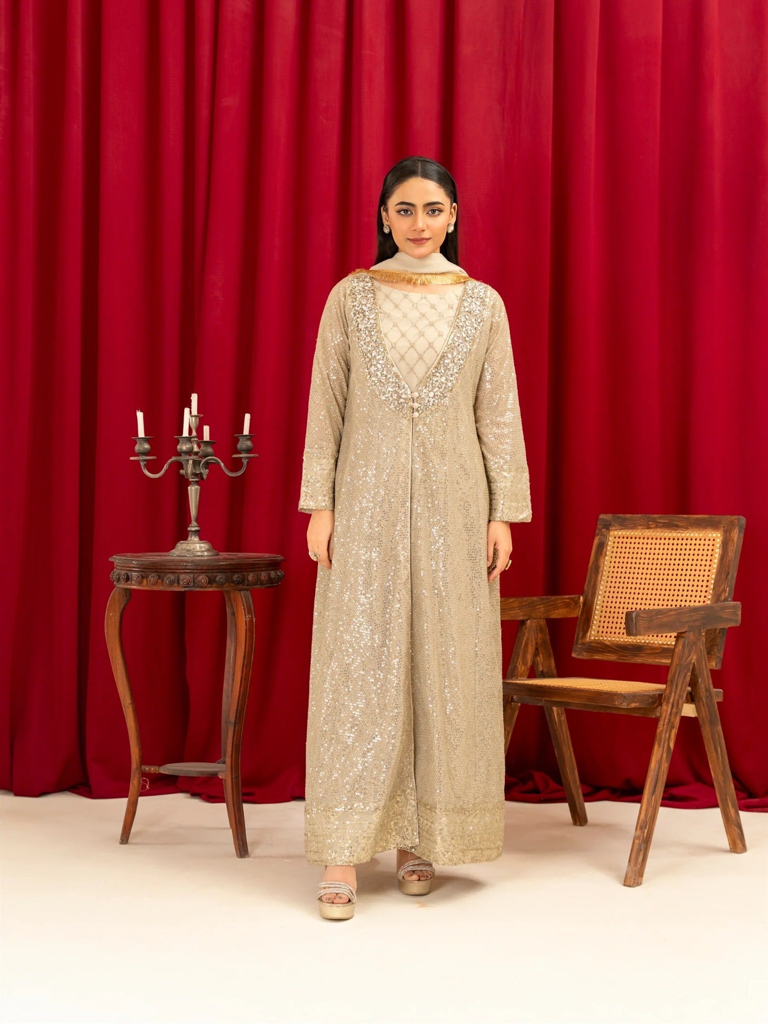 Brown Manahil Arts Chiffon Embellished Stitched 4-Piece Suit-K-135-Camel Brown