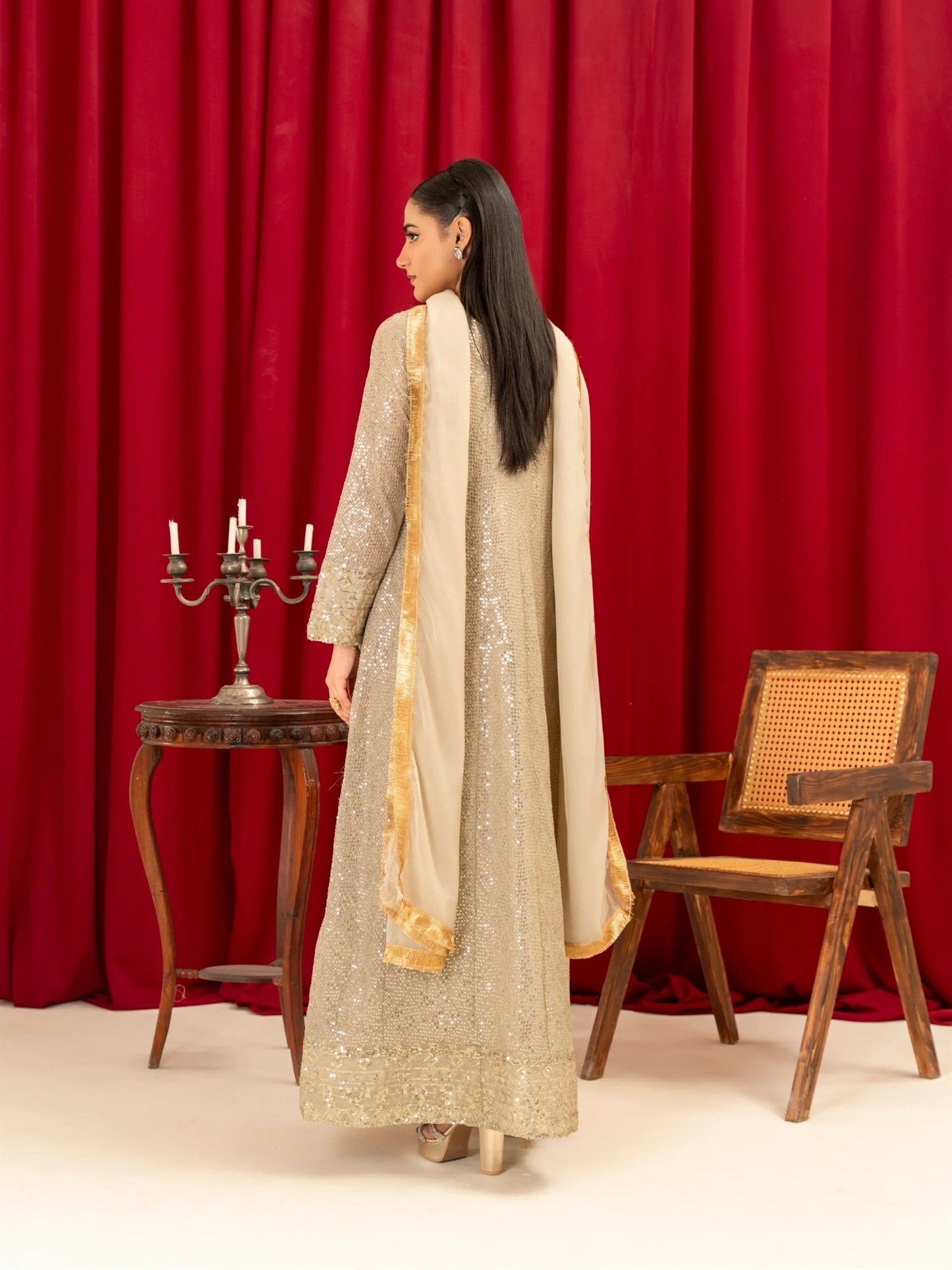 Brown Manahil Arts Chiffon Embellished Stitched 4-Piece Suit-K-135-Camel Brown