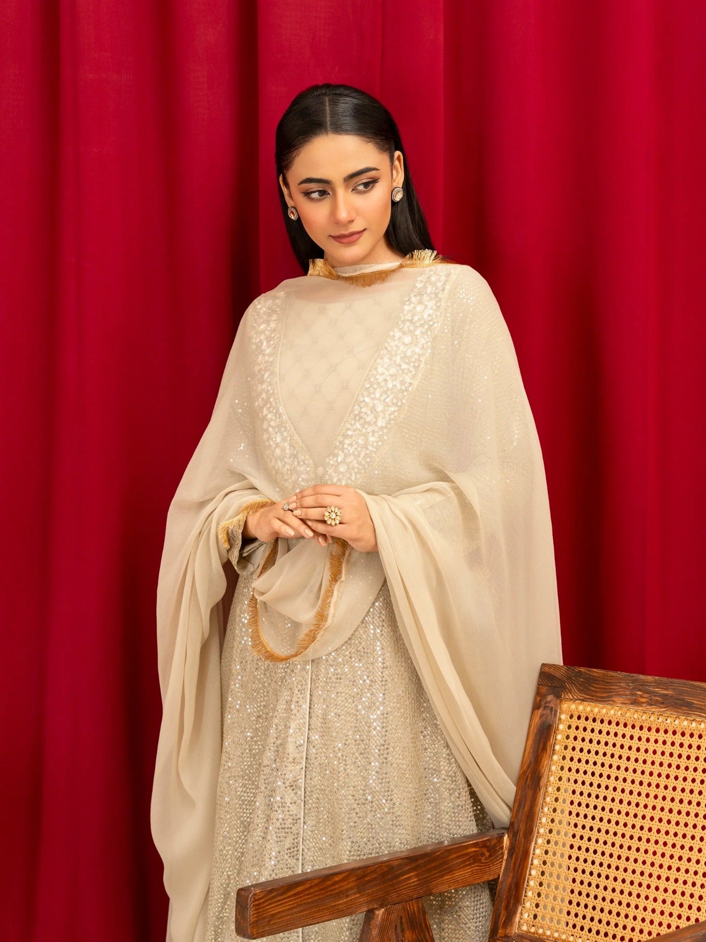 Brown Manahil Arts Chiffon Embellished Stitched 4-Piece Suit-K-135-Camel Brown