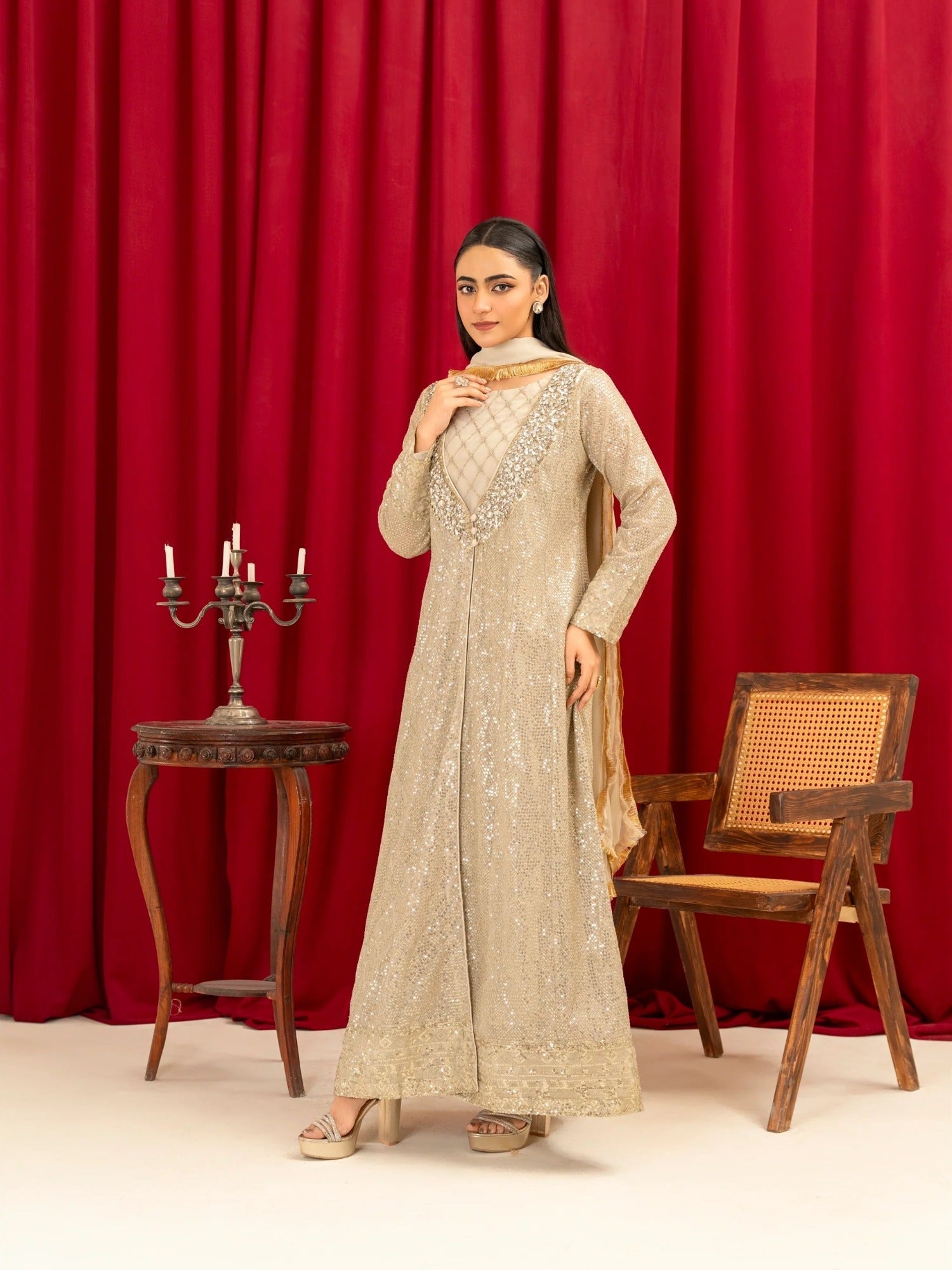 Brown Manahil Arts Chiffon Embellished Stitched 4-Piece Suit-K-135-Camel Brown