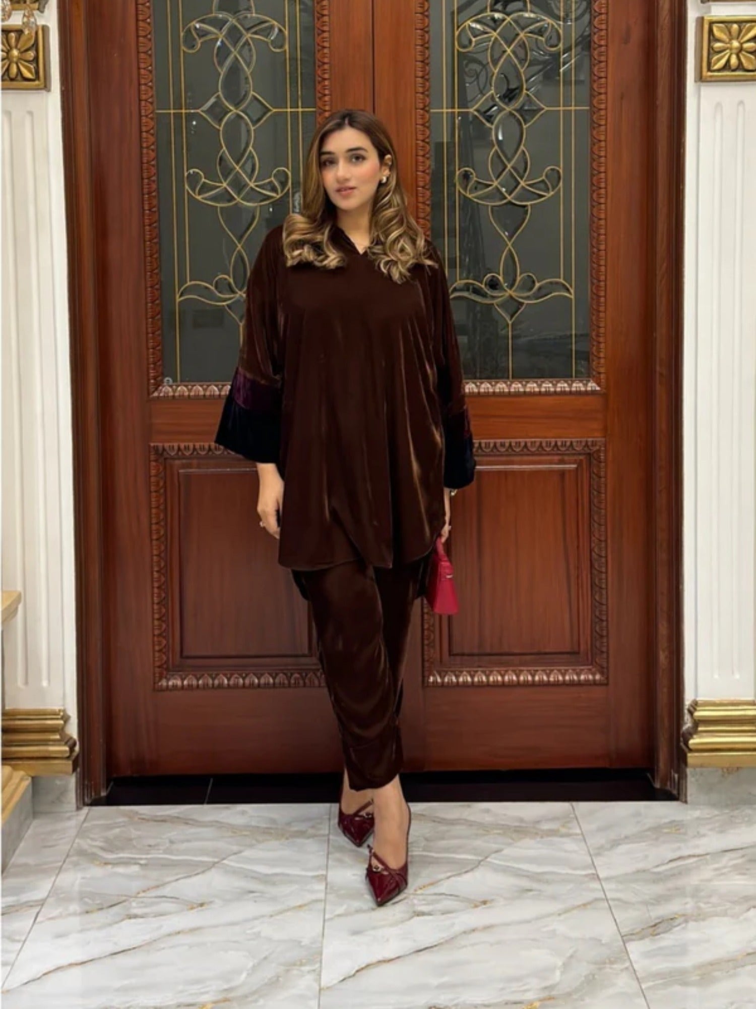 Brown Manahil Arts Imported Micro 9000 Velvet Co-Ord Set-Velvet