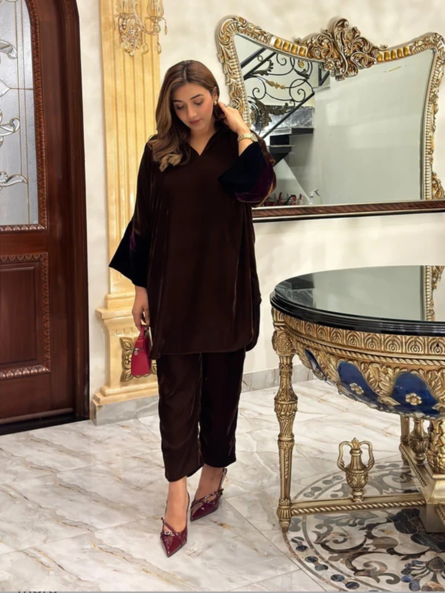 Brown Manahil Arts Imported Micro 9000 Velvet Co-Ord Set-Velvet