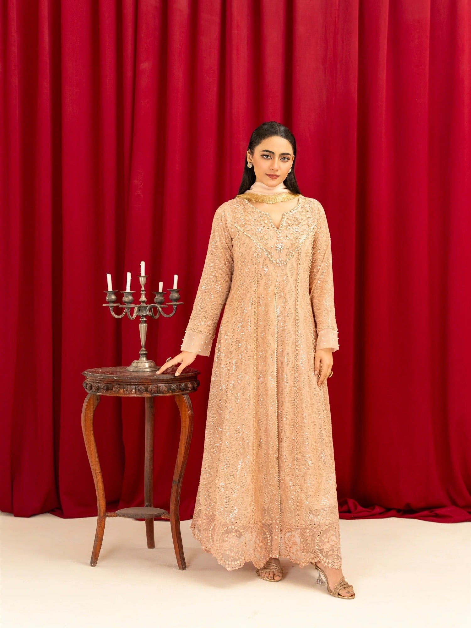 Peach Manahil Arts Chiffon Embellished Stitched 3-Piece Suit-K-136-Peach