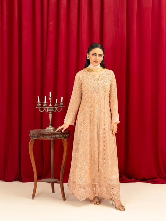Peach Manahil Arts Chiffon Embellished Stitched 3-Piece Suit-K-136-Peach