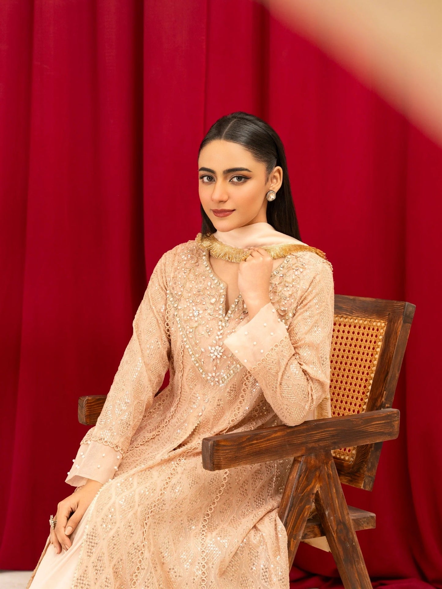Peach Manahil Arts Chiffon Embellished Stitched 3-Piece Suit-K-136-Peach