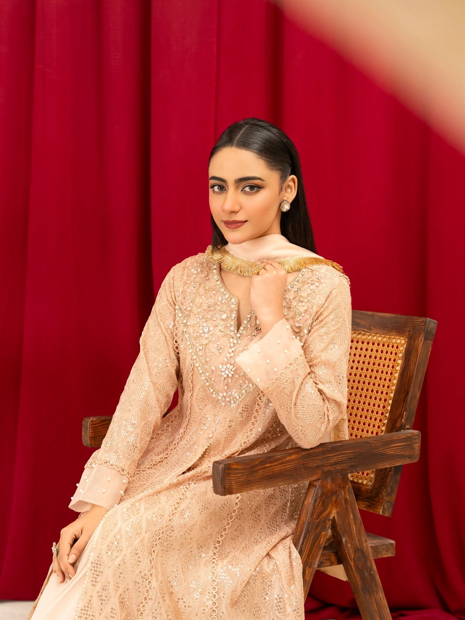 Peach Manahil Arts Chiffon Embellished Stitched 3-Piece Suit-K-136-Peach